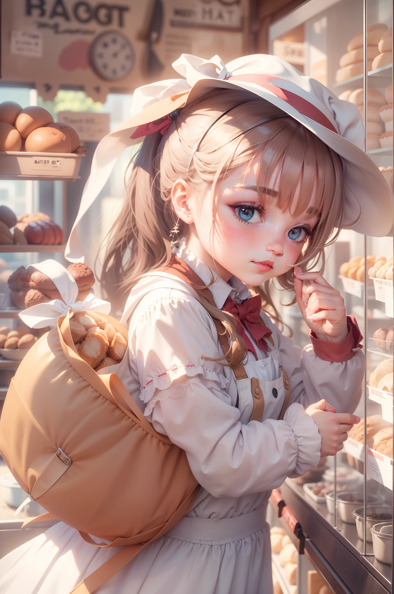 bit girl, baker shop, and the sun was shining brightly, the detail, 4K, k hd, high high quality.