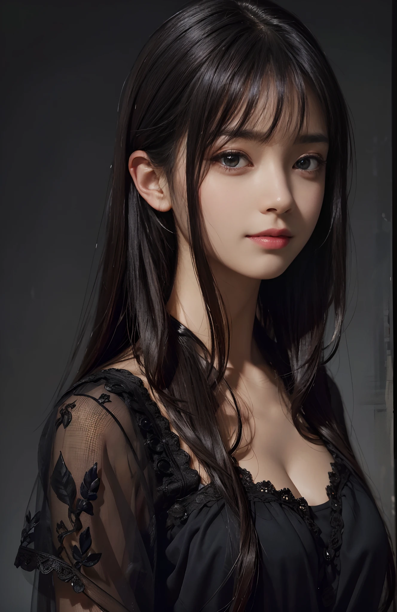 (Ultra Realistic), (Illustration), (Increased Resolution), (8K), (Extremely Detailed), (Best Illustration), (Beautiful and Detailed Eyes), (Best Quality), (Ultra Detailed), (Masterpiece ), ( wallpaper), (detailed face), solo, 1 girl, looking at viewer, fine details, detailed face, in the dark, deep shadows, low key, pureerosfaceace_v1, smiling, long hair, black shawl straight hair , 46 points oblique bangs