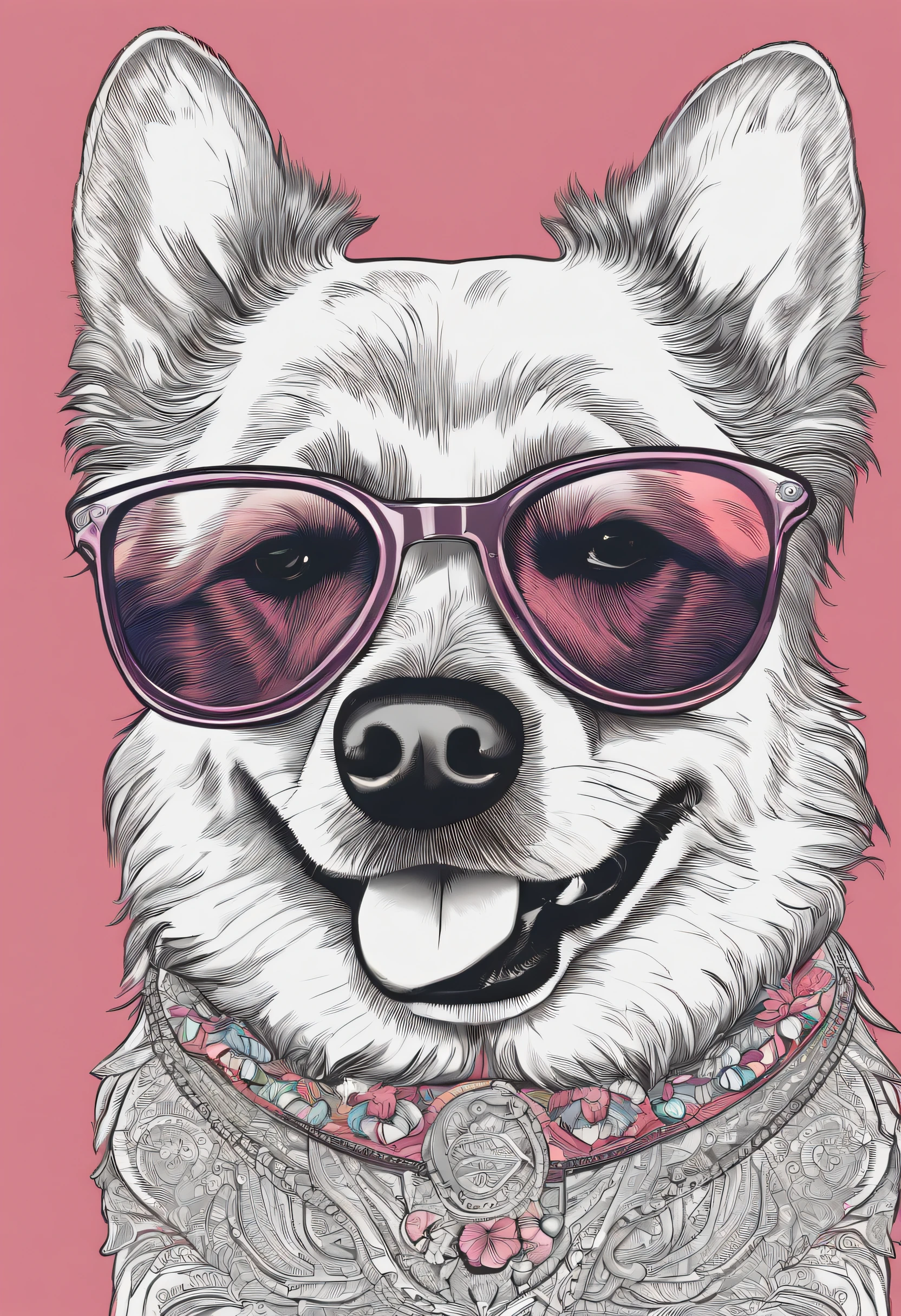 Colouring: Graphic vector of a cute happy dog t-shirt, wearing sunglasses, design de detalhe, Colouring, contorno, fundo branco