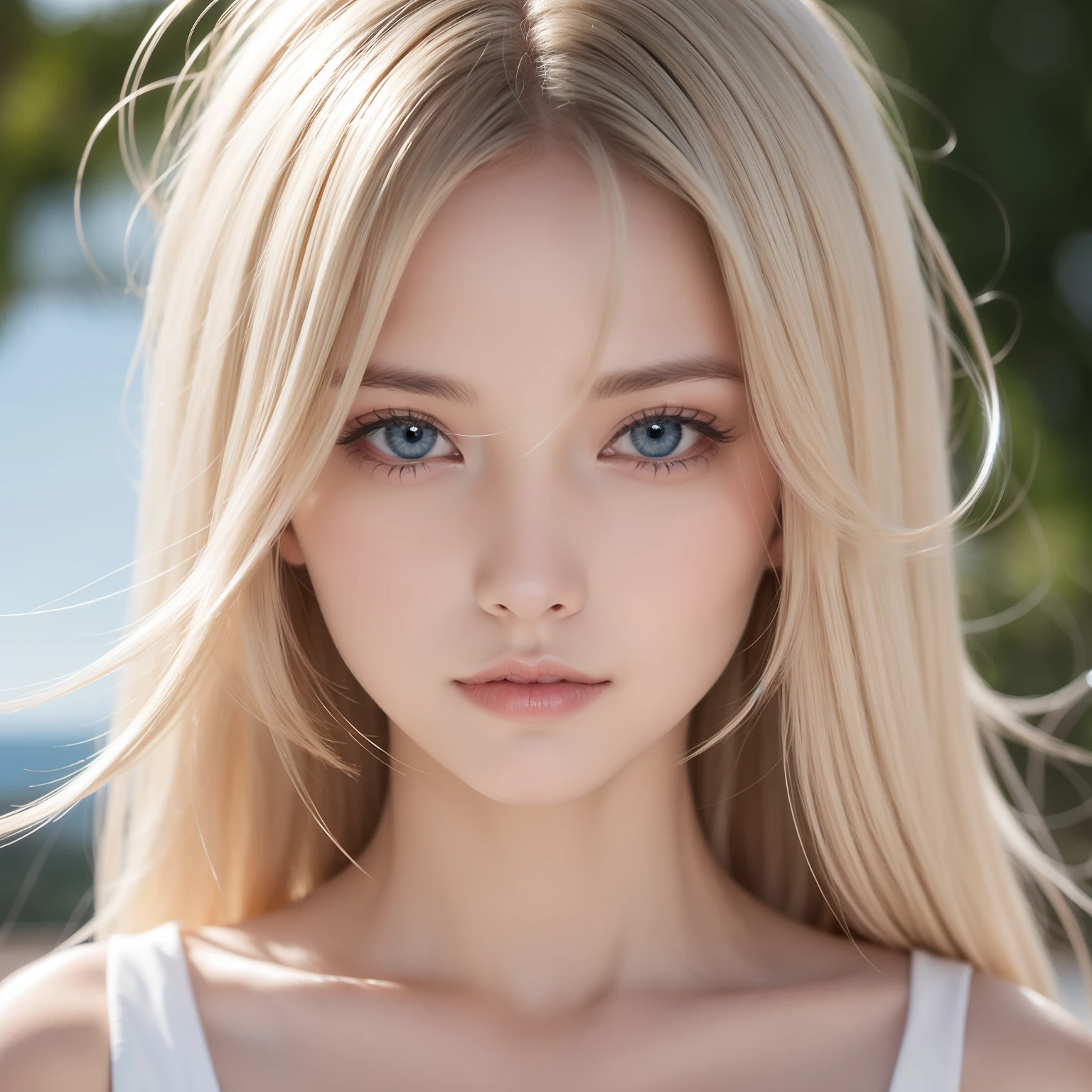 Peau blanche transparente brillante、Wind hair gets in the way of a cute face、Colossal、20 ans mignon sexy petit beau visage、De beaux cheveux raides qui brillent、grand, Yeux bleu clair brillants、Longue frange soyeuse couvrant les yeux mignons, Sexy visage cachant cheveux super cheveux longs sexy mignon jeune femme long naturel blond brillant cheveux brillants