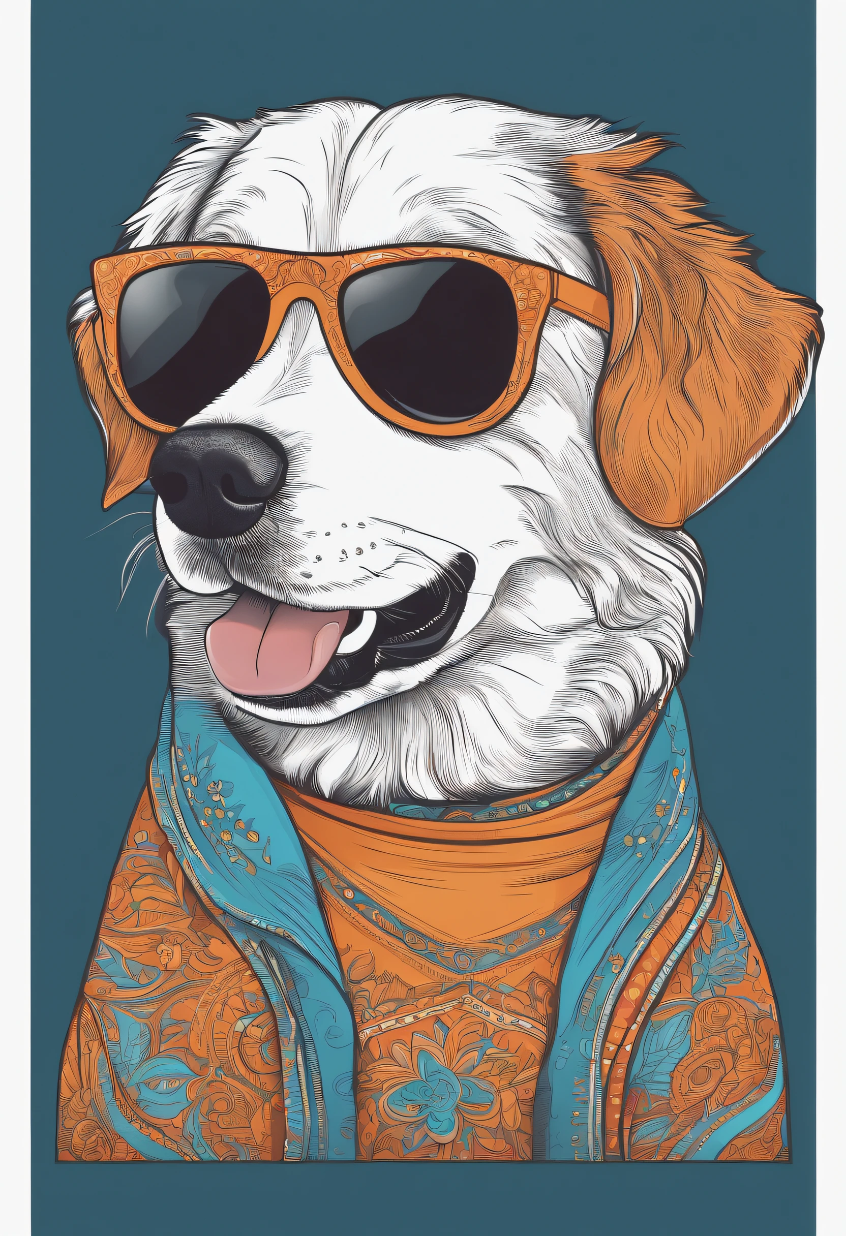 Colouring: Graphic vector of a cute happy dog t-shirt, wearing sunglasses, design de detalhe, Colouring, contorno, fundo branco