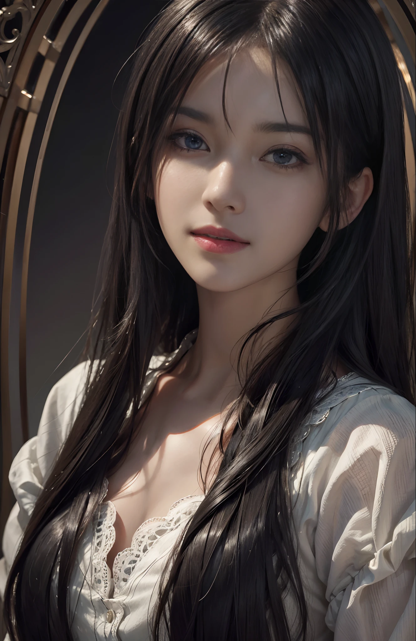 (Ultra Realistic), (Illustration), (Increased Resolution), (8K), (Extremely Detailed), (Best Illustration), (Beautiful and Detailed Eyes), (Best Quality), (Ultra Detailed), (Masterpiece ), ( wallpaper), (detailed face), solo, 1 girl, looking at viewer, fine details, detailed face, in the dark, deep shadows, low key, pureerosfaceace_v1, smiling, long hair, black shawl straight hair , 46 points oblique bangs