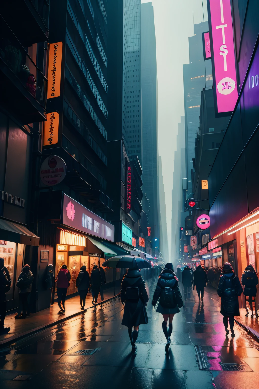 vibrant color details, best quality, masterpiece, illustrations, new york city themed cyberpunk city, a few people walking through the city, dark rainy night, broken down city
