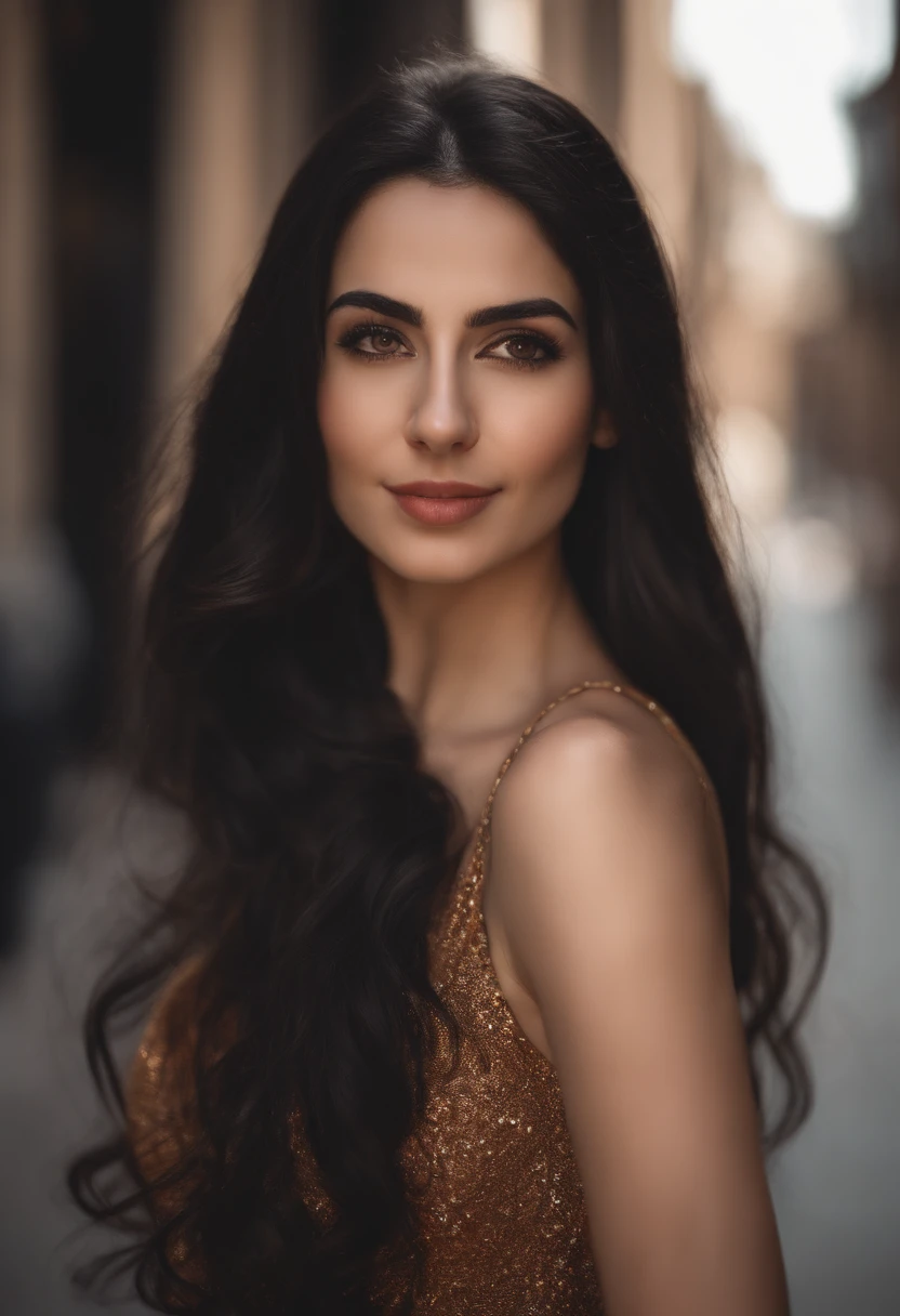 A Syrian girl, 26 years old, long black hair, silky pale skin, large breast, sexy. Face in Camera, brown eyes, ((upper body selfie, happy)), (in 8K, Raw photography, top-quality, ​masterpiece:1.2), (outdoor), city streets, new York, bright colors