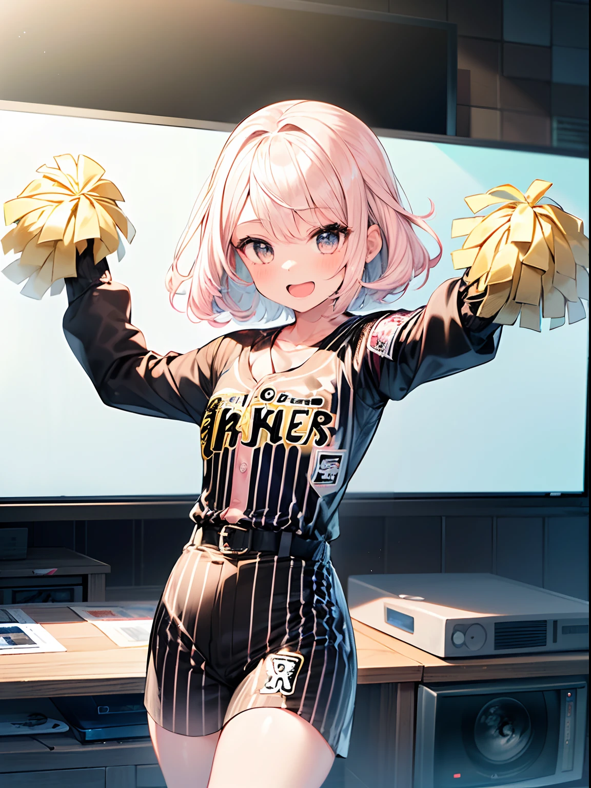 best quality, masterpiece, absurdres, highres, (1girl:1.6), (short shaggy perm hair:1.6), (light pink hair:1.5), (wearing the black vertical striped shirt:1.5), (flower effects:1.2), (cowboy shot:1.4), break (In front of a TV at home,:1.4) BREAK (a girl is enthusiastically cheering for the Hanshin Tigers:1.6). Her eyes are fixed on the screen, filled with excitement and tension. BREAK The room feels as if it's filled with the heat of the game.