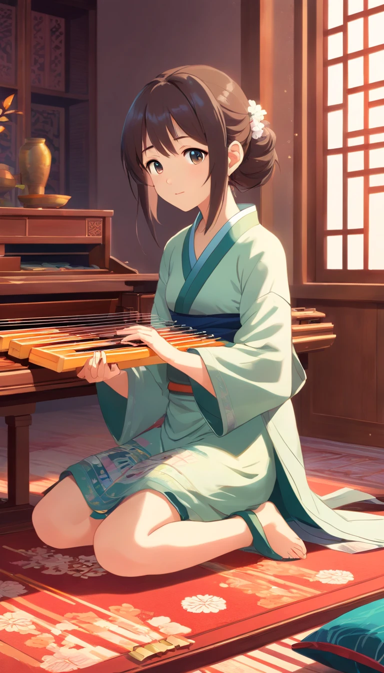 Full body, Very young girl sitting on carpet doing guzheng,Oriental face,with highly-detailed facial features and cartoon-style visuals。