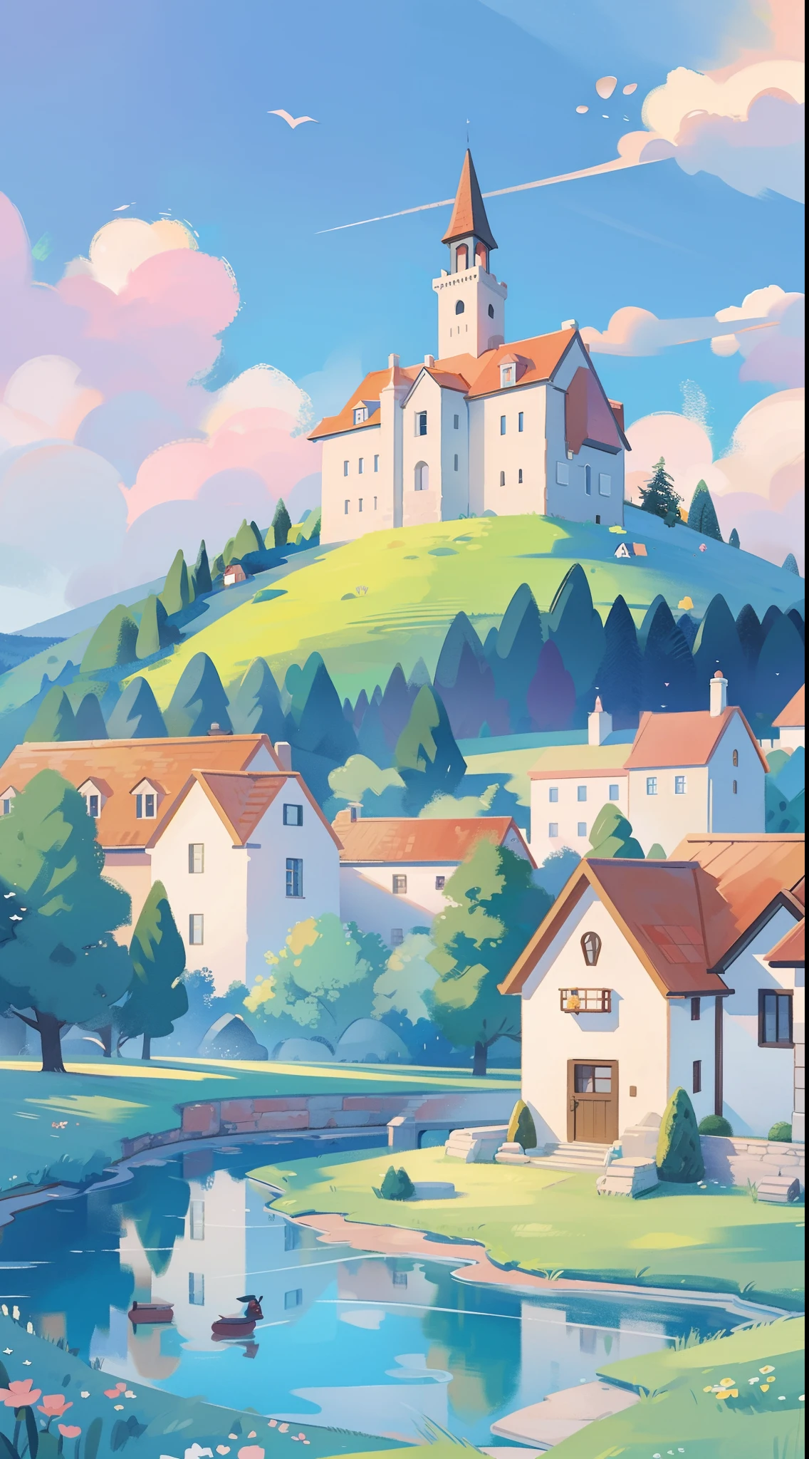 watercolor, children's storybook illustration, a castle surrounded by a village, houses, cottages, buildings, towers, clouds, colorful, vibrant warm colors, bright, ((masterpiece)), ((best quality)), 8k, intricate detail, high resolution, highly detailed environment, perfect architecture