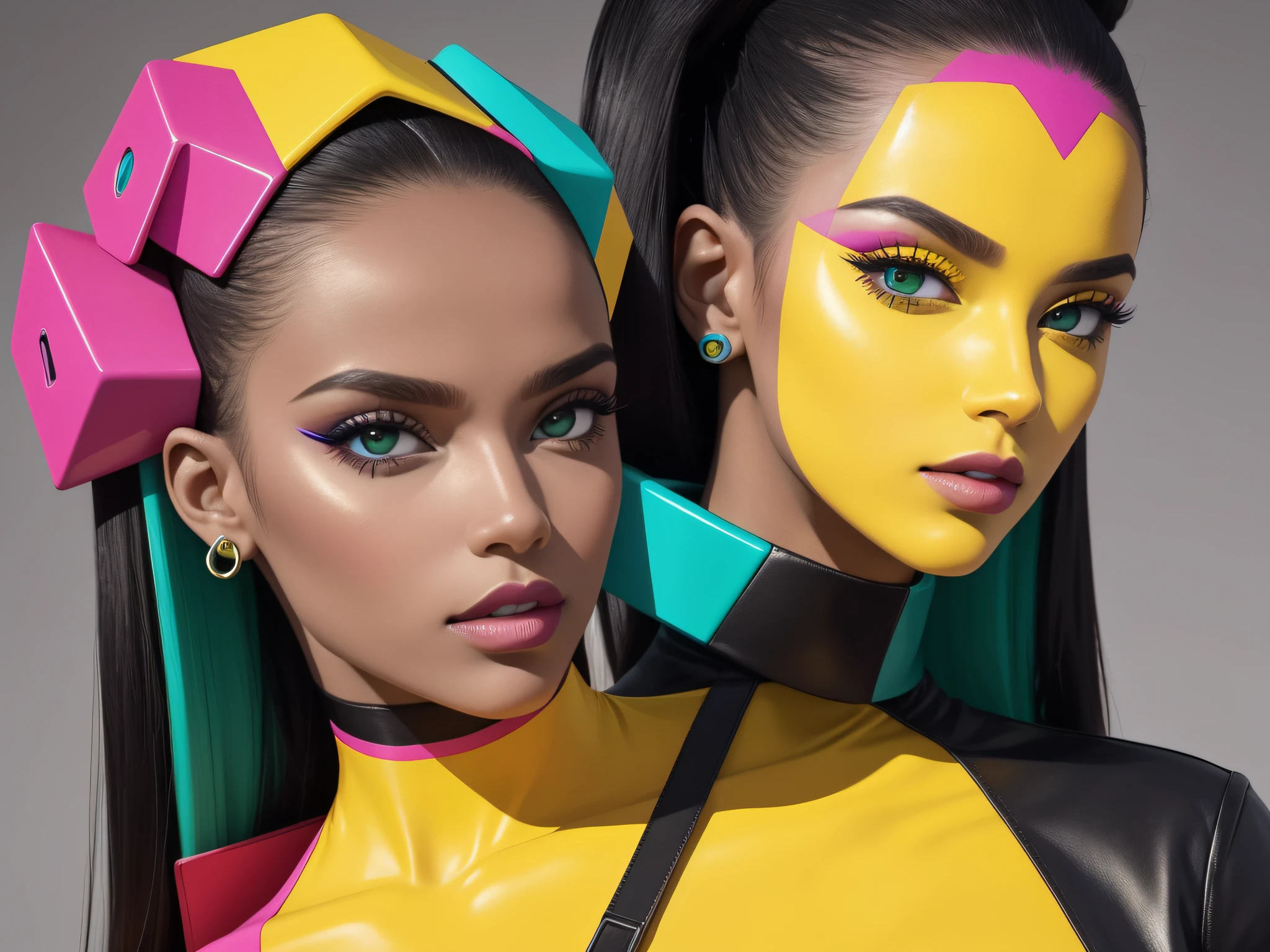 arte minimalista close-up do rosto de uma mulher em estilo 'trash' e pop futurista, Facial features of the woman with simple geometric lines and shapes, exuberante e extravagante, emphasis on vibrant color palette and contrasting pop style, com tons ousados de vermelho, amarelo e azu, formas, Highlight makeup extravaganza, detalhes do rosto, conveys a sense of boldness, individualidade e estilo de moda futurista, combinando elementos 'trash' cores neon impactantes