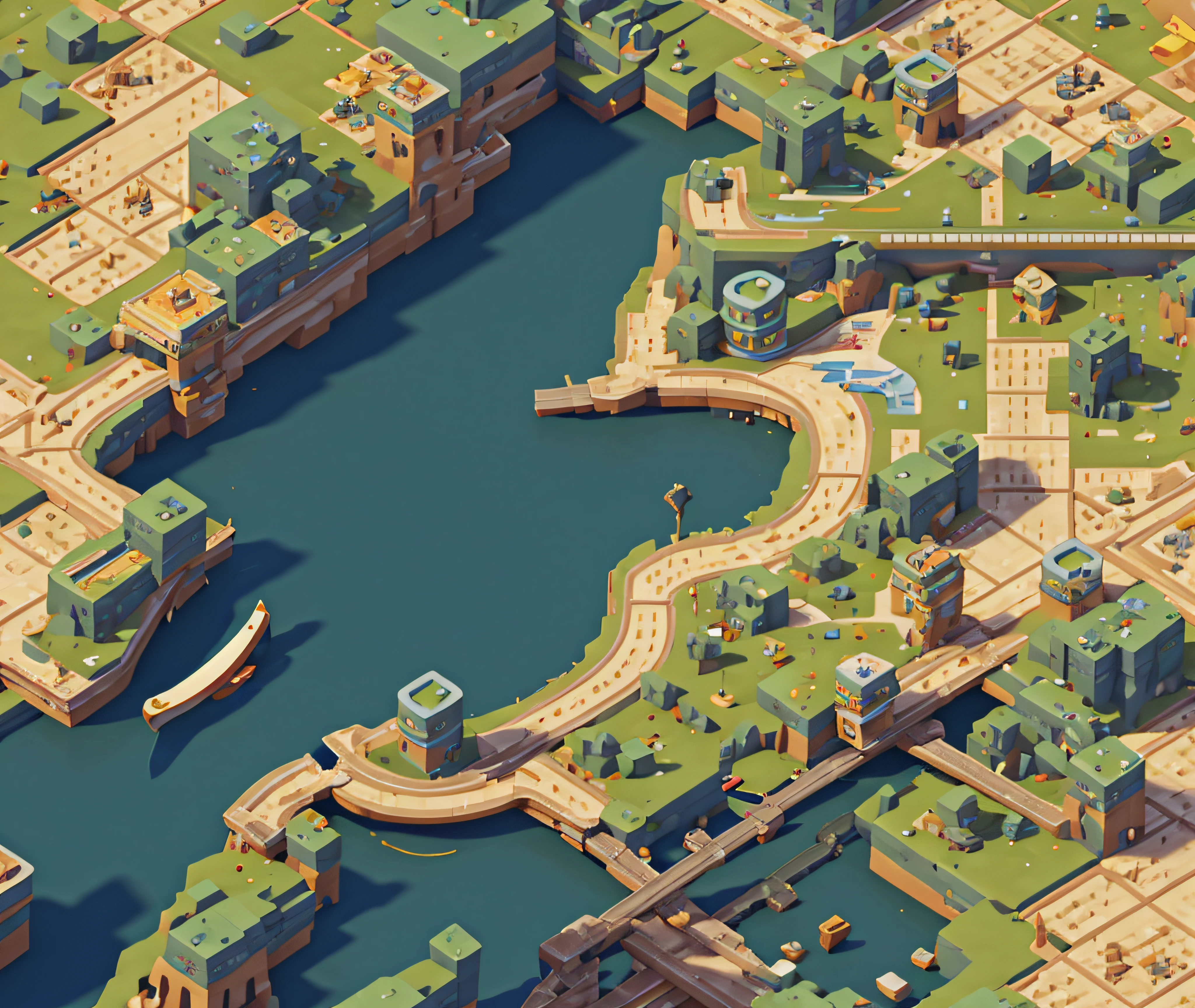 Blue sea background、SimCity map rendered in Cinema 4D、Green land with small towns and roads、Minecraft、isometric、Top-down flat view、.。.。.。.。.3D Maps、game architecture design、comic strip、。.。.。.。.3D、blender、​masterpiece、ultra-detailliert、top-quality、