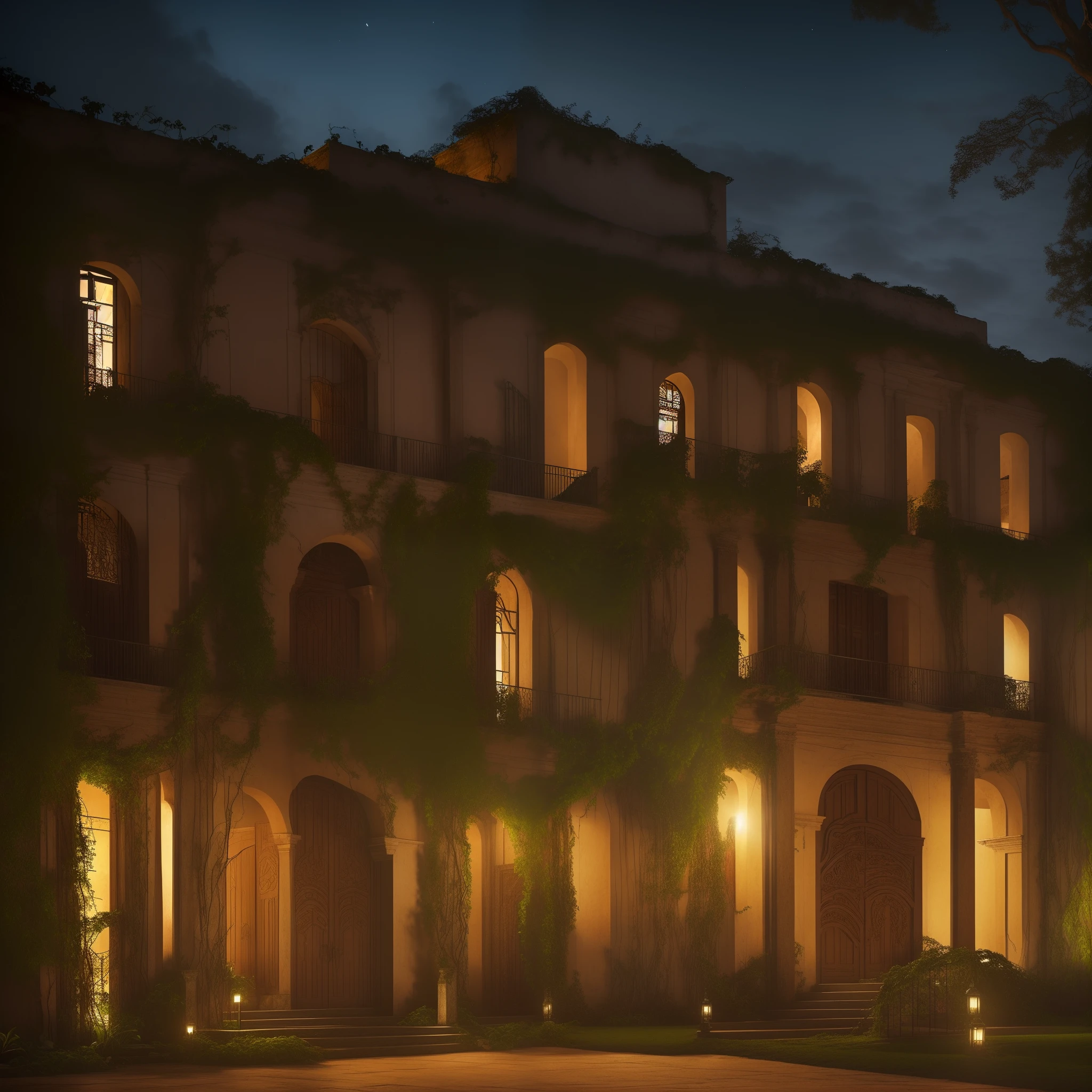 (a huge ancient Brazilian colonial mansion facade, with few vines growing on its walls during the night, with a massive arch doorway, soft lighting, terrifying) (best quality, ultra-detailed, realistic:1.37), eerie atmosphere, haunting shadows, intricate architectural details, colonial portuguese elements, vibrant colors, surreal ambiance, hidden secrets, enchanting moonlit sky, mysterious figures, spooky aura