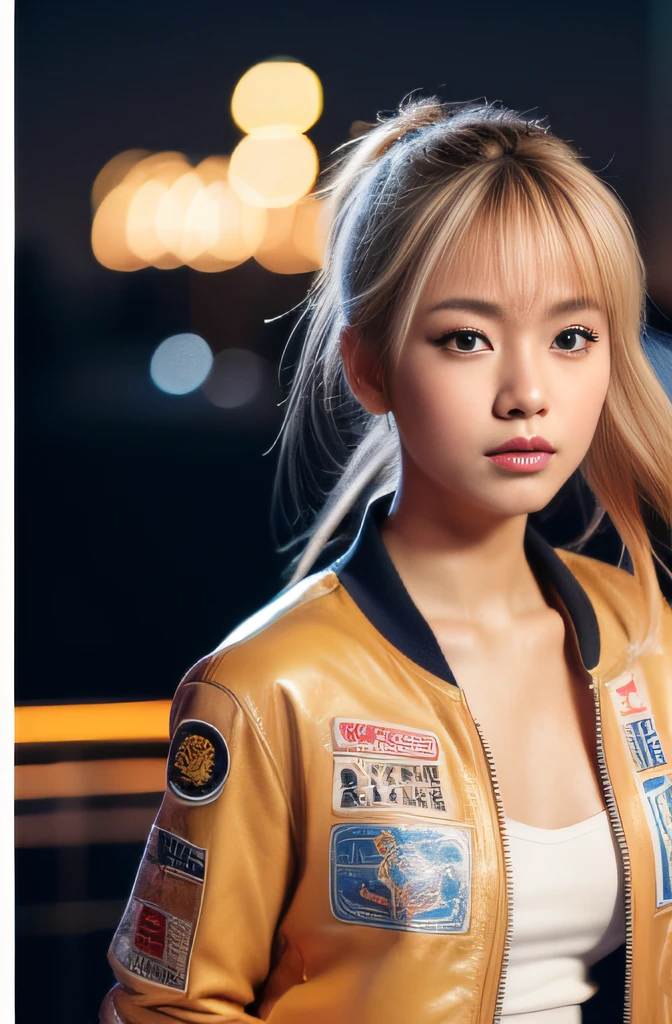 (masterpiece:1.2), ultra detailed, ultra high res, (realistic, photo realistic:1.37), high detail RAW color photo, professional photograph, an extremely delicate and beautiful, extremely detailed, 8k wallpaper, Amazing, finely detail, huge file size, extremely detailed beautiful girl, extremely detailed face, extremely detailed eyes, extremely detailed skin, extremely detailed fingers, extremely detailed nose, extremely detailed mouth, perfect anatomy, highly detailed background, Japanese famous actress, (blond hair:1.2), ponytail, (Tanned skin:1.4), (gal make:1.4), (flat chest:1.1), stadium jacket with Japanese-style embroidery, shorts, night town, neon, crowd, dynamic pose, cinematic angle,