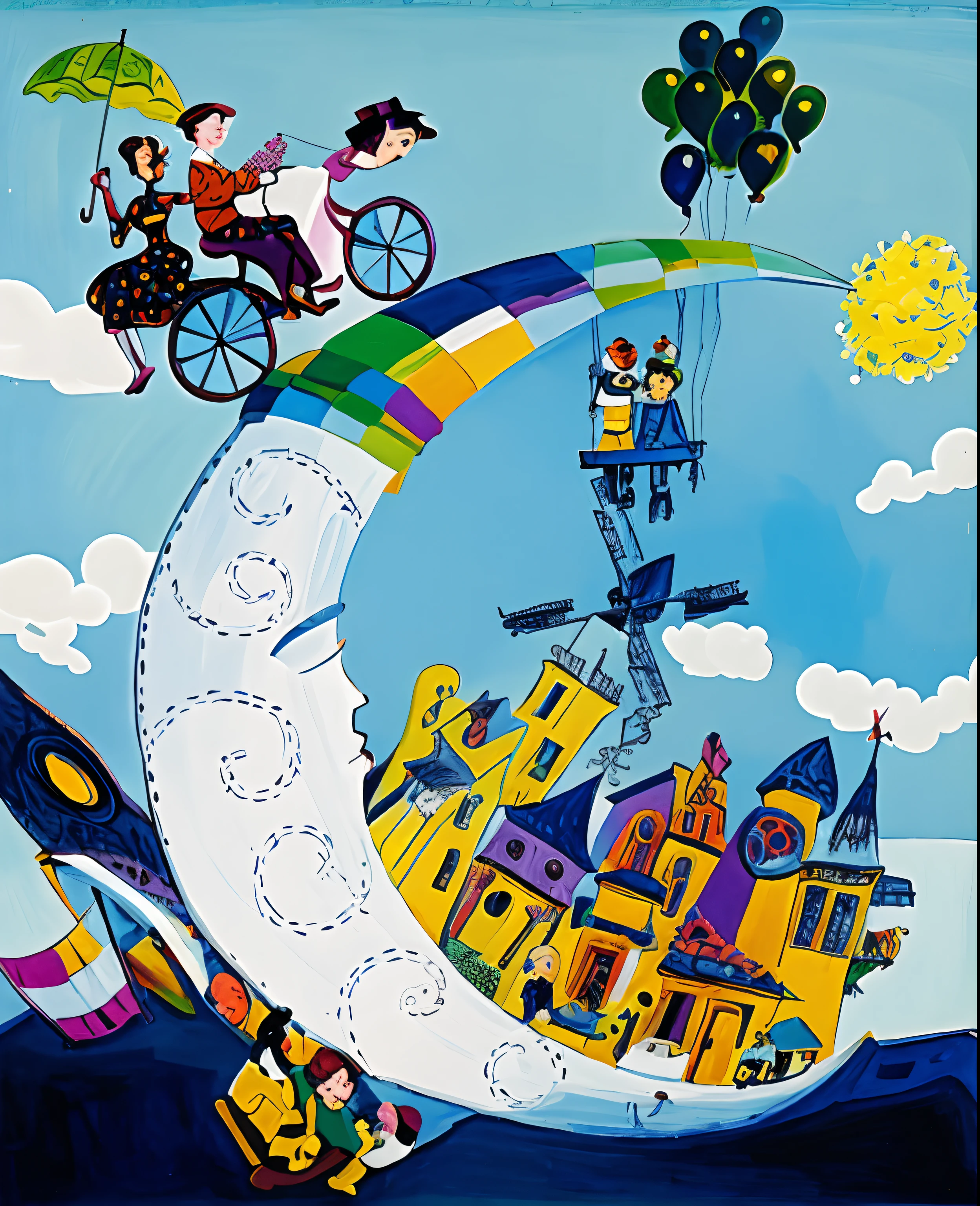 pintura de um crescente com um monte de gente montada nele, inspirado em Winsor McCay, inspirado em Saul Steinberg, inspirado em Raymond Briggs, inspirado em Randolph Caldecott, Cidade na Lua, Children's illustration, inspirado em Grayson Perry, inspirado em Marcell Chagall, inspirado em Marcel Chagall, inspirado em Jodorowsky