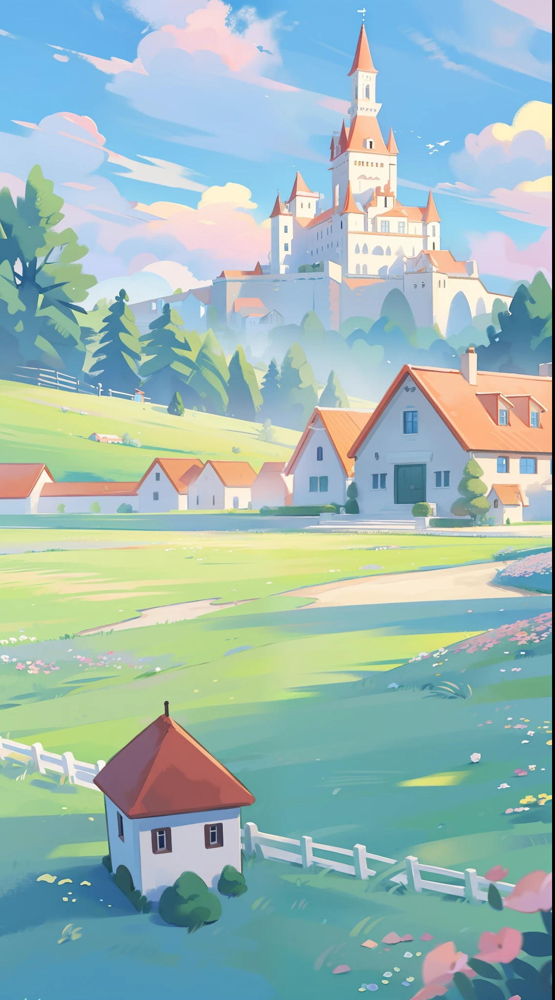 watercolor, children's storybook illustration, a castle surrounded by a village, houses, cottages, buildings, towers, clouds, colorful, vibrant warm colors, bright, ((masterpiece)), ((best quality)), 8k, intricate detail, high resolution, highly detailed environment, perfect architecture