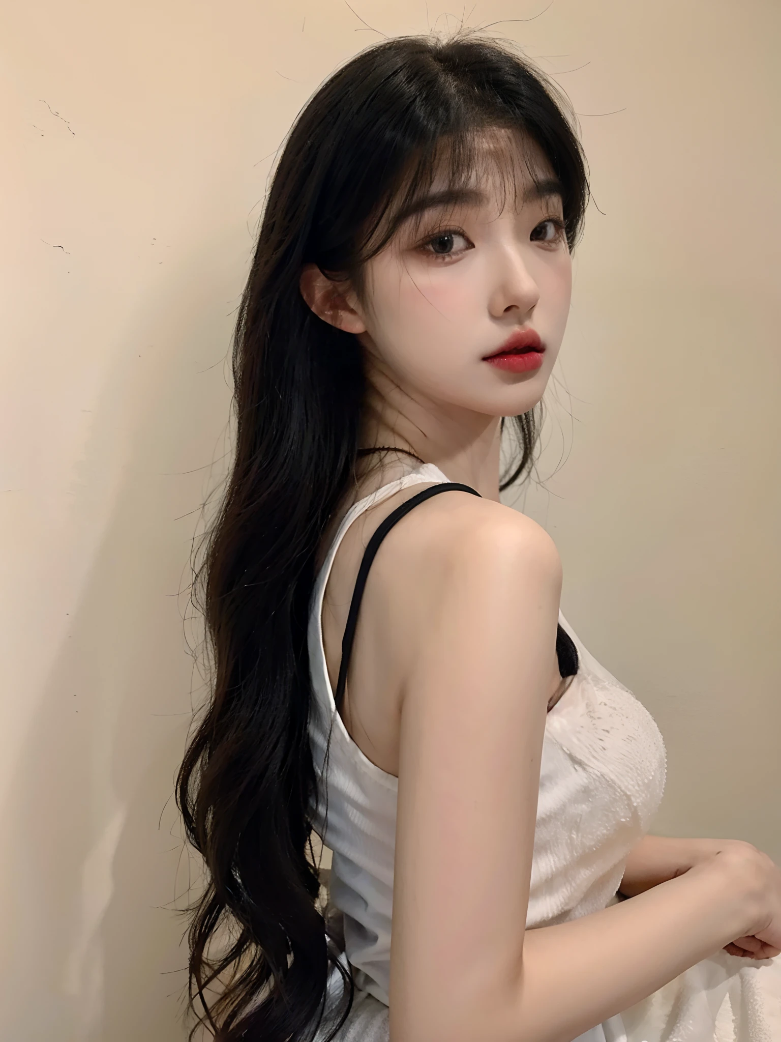 Arakfi Asian woman，Long black hair and white vest, Gorgeous young Korean woman, Korean girl, beautiful Korean women, Beautiful young Korean woman, ulzzangs, Shin Jinying, Korean woman, jaeyeon nam, Long hair with bangs, lalisa manobal, Choi Hyun-hwa, Beautiful Asian girl, photo of slim girl