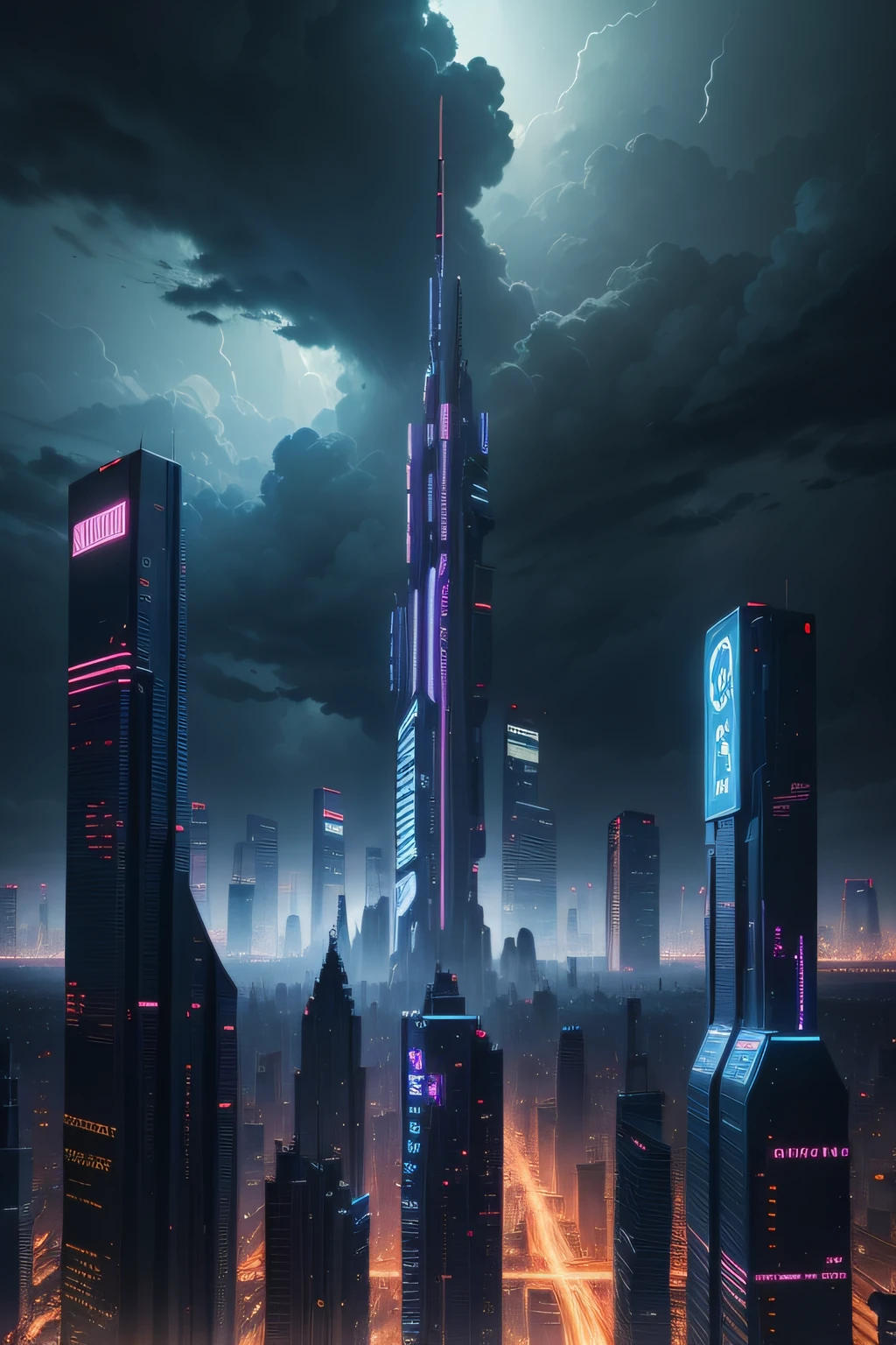 best quality, masterpiece, illustrations, 4k, highly detailed, cyberpunk city viewed from a distance, stormy night, cloudy, bright lights, intricate color scheme