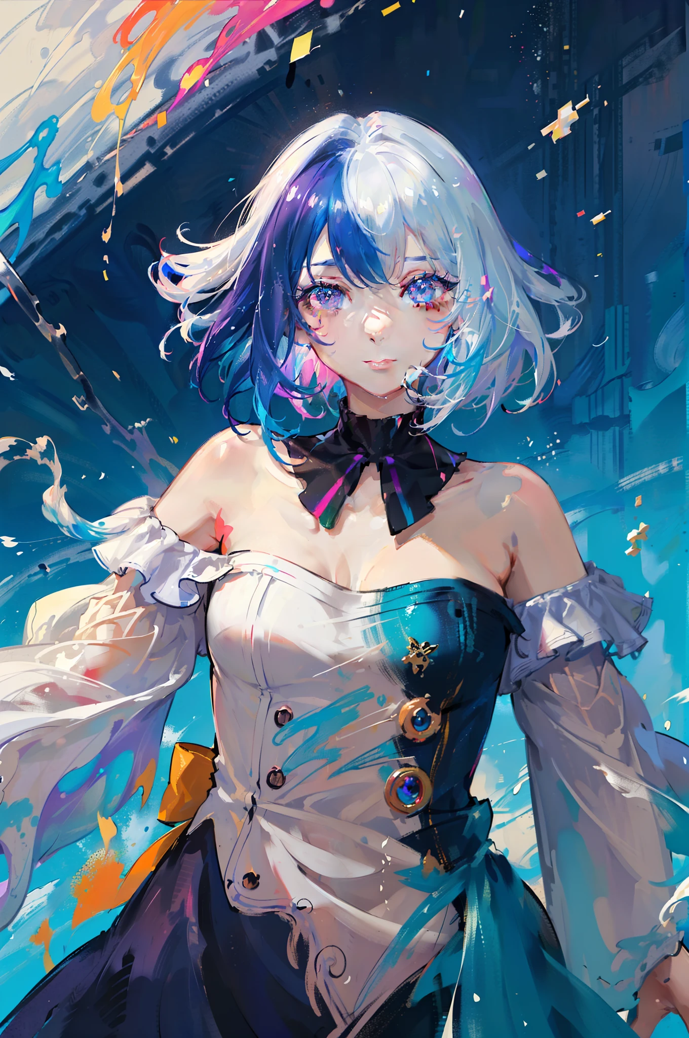 (Colorful hair: 1.8), (all colors of the rainbow: 1.8),(((((Vertical painting：1.6))), （Painting：1.6），Front, Comics, Illustrations, painting of a, largeeyes, Crystal clear eyes,（ rainbow color gradient high ponytail：1.7）, Exquisite makeup, Closed mouth,(Small Fresh: 1.5),(Wipe Chest: 1.6) ，Long eyelashes, white off-the-shoulder T-shirt,  White Shoulder Shirt，staring towards the viewer, watery big eyes, (Rainbow-colored hair：1.6), colored splashing, （Solo：1.8）, colored splashing, Color explosion, Thick Paint Style, Messy lines, ((Shining))，(Colorful), (Colorful), (Colorful), Colorful, Thick Paint Style, (Splash) (colored splashing), Vertical painting, Upper body, Paint splashes, Acrylic Pigment, Gradient, Paint, Highest image quality, Highest quality, masutepiece, Solo, depth of fields, facepaint,  multicolored clothing, (elegant: 1.2), Gorgeous,Long hair, Wind, (elegant: 1.3), (Flower petals: 1.4)，(((masutepiece))),(((Best quality))),((Ultra-detailed)),(illustration),(Dynamic Angle),((Floating)),(Paint),((Disheveled hair)),(Solo),(1girl in) , (((Detailed anima face))),((beautifull detailed face)),Collar,Bare shoulders,White hair, ((Colorful hair)),((striated hair)),Beautiful detailed eyes,(Gradient color eyes),(((Colorful eyes))),(((Colorful background))),(((High color saturation))),(((Surrounded by colorful splashes))),