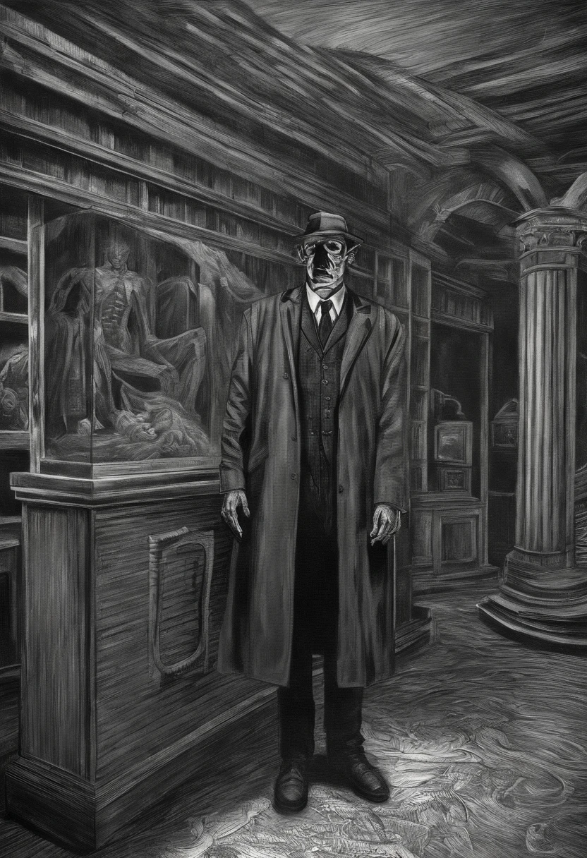 Tall detective looking at museum exhibit