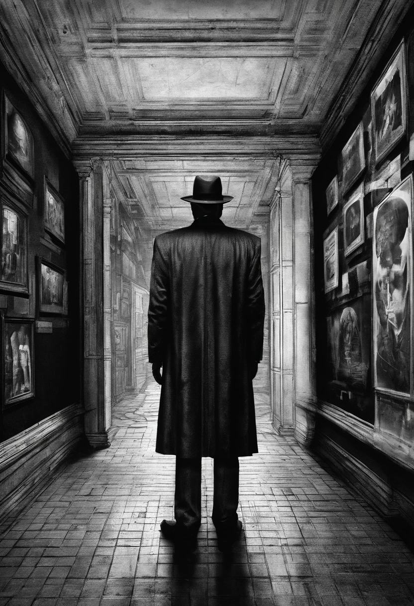 Tall detective looking at museum exhibit