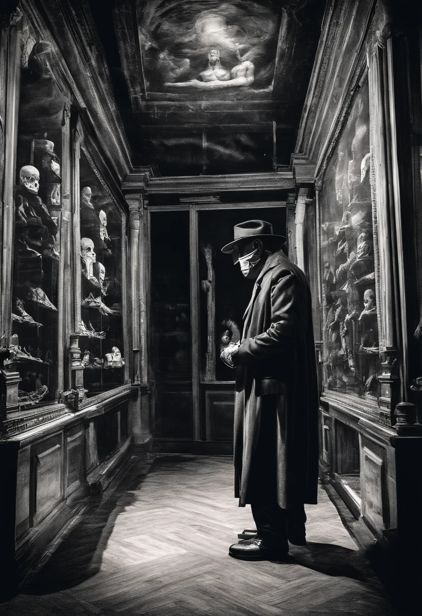 Tall detective looking at museum exhibit