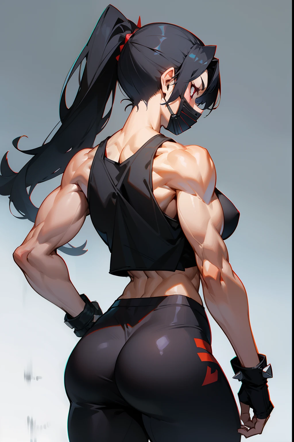 1 girl, ((muscular)), spiky ponytail, toned body, black hair, red eyes, (mask), perky breasts, long hair, from behind, big ass, (tank top and leggings)