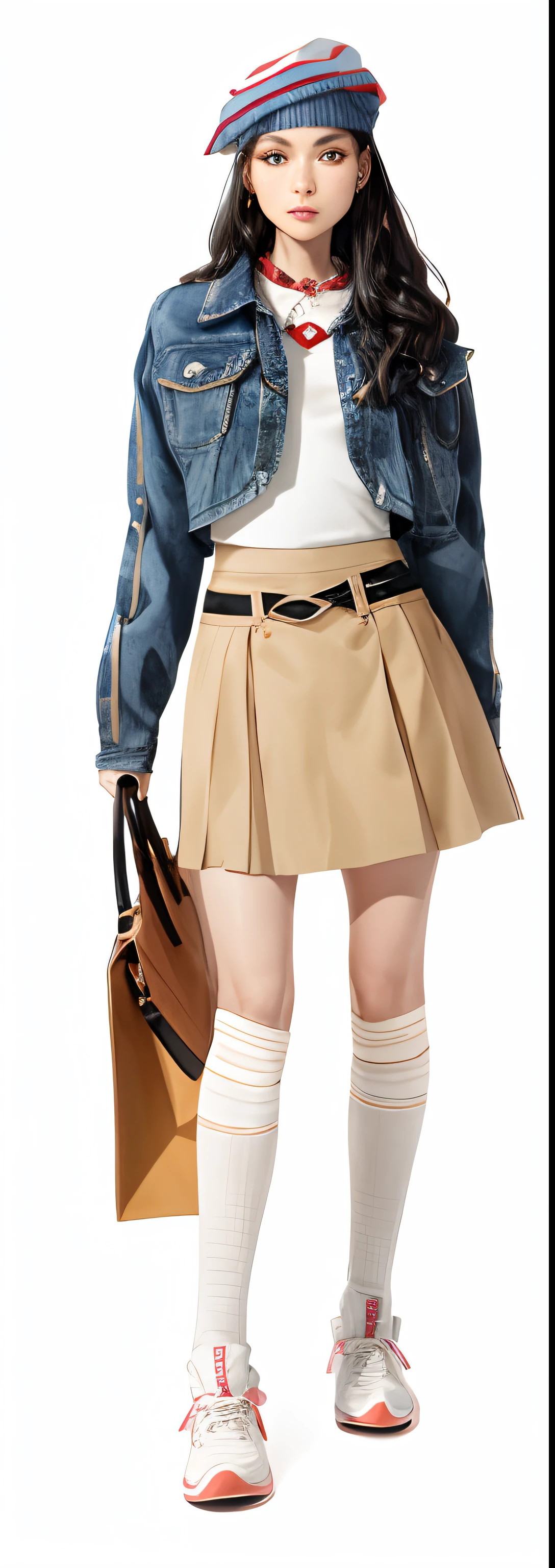 Aalfi wore a skirt and jacket,Carrying a handbag, wide skirt, mini-skirts, Miniskirt, Mini skirt, wearing dresses, 2 0 2 0 fashion, Pleated miniskirt, Pleated skirt, short skirt length, Short skirt, big breasts thin waist, skater skirt, Beige, Wearing a skirt, short miniskirt, Skirt