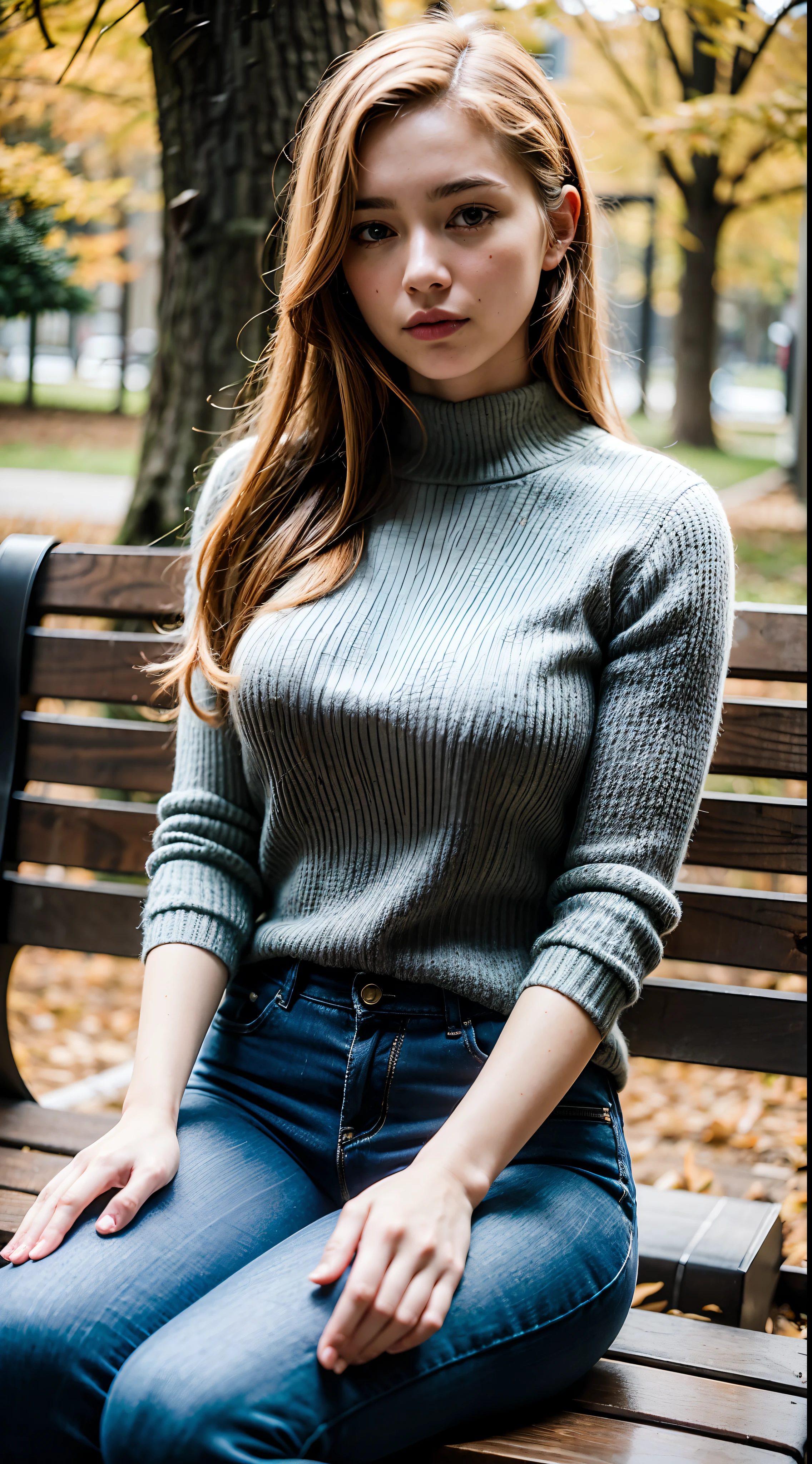 (8k, best quality, masterpiece:1.2), (realistic, photo-realistic:1.37), ultra-detailed,best quality, ultra high res, professional lighting, photon mapping, radiosity, physically-based rendering, cinematic lighting,woman sitting on a bench, in the autumn, during autumn, in autumn, women solo, sitting on a park bench, sitting in a colorful forest,melancholy autumn light, sitting on a bench, ๐ cute, warm winter hairstyle, blonde hair, 27 years old, raw photo, muffler, sweater, mature, big titis