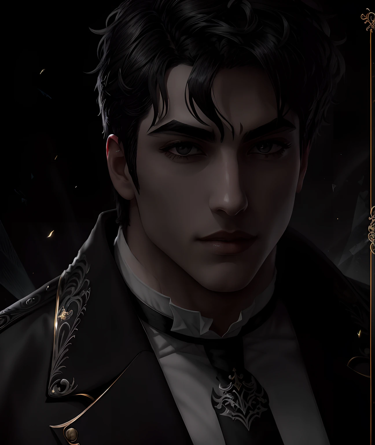 Precioso vampiro masculino con un equilibrio perfecto de rasgos masculinos y femeninos, cabello corto y negro, White and gold tetradic colors, Perfect anatomy, seductores ojos grises, 8K resolution, (Persona soltera), Obra maestra, Cara perfecta:1.2), Detalles intrincados, Detailed Victorian Gothic background, 32K, Ombligo cubierto, labios carnosos, curvy guy, cuerpo atletico, cinematic lighting, Balenciaga, brillar