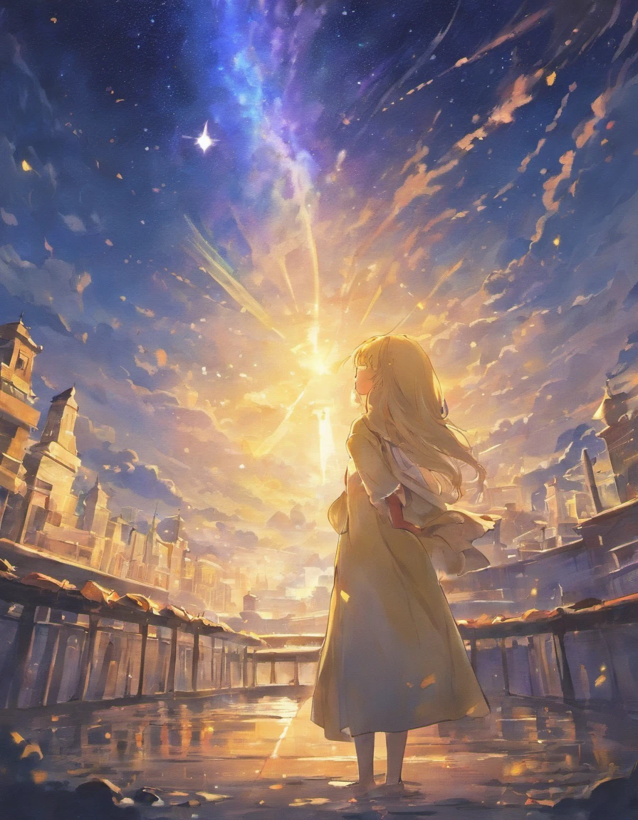 "Draw a serene scene that depicts someone in search of the "Descanso de Deus". Imagine a celestial setting with a bright starry night sky. Below that sky, This figure is in a quiet location, where peace and serenity are evident. There is no competition, humor or comedic elements here, apenas um ambiente calmo e espiritual."