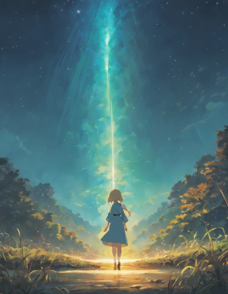 "Draw a serene scene that depicts someone in search of the "Descanso de Deus". Imagine a celestial setting with a bright starry night sky. Below that sky, This figure is in a quiet location, where peace and serenity are evident. There is no competition, humor or comedic elements here, apenas um ambiente calmo e espiritual."