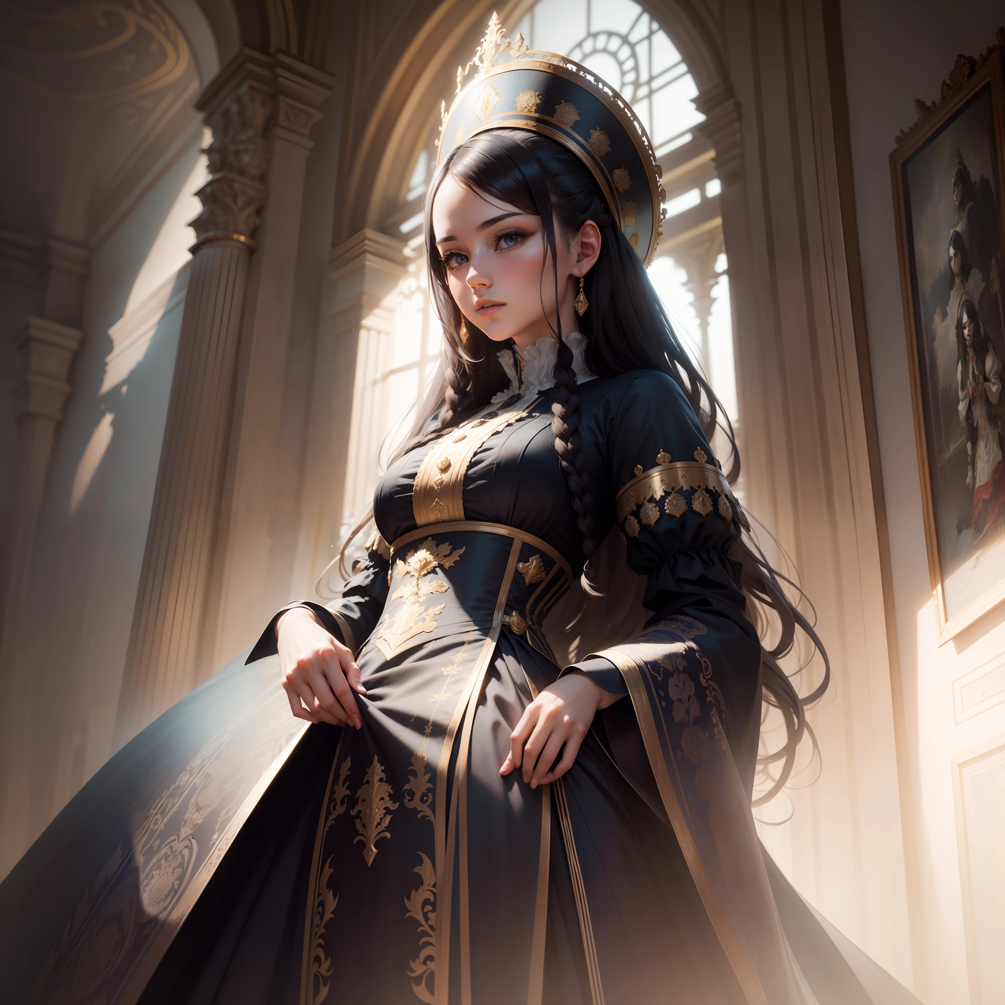 Portrait of a Spiritual Goddess, Complex, elegant, Very detailed, Digital Painting, Art Station, Concept Art, Smooth, Sharp focus, figure, ArtJam、Greg Rutkowski、Alphonse Mucha、William Adolphe Bouguereau、Art by Stephanie Law , Magnificent royal background, large crown, Royal Jewels, robot, nature, Full Shot, Symmetric, Greg Rutkowski, Charlie Bowwater, Beep, Unreal 5, Surreal, Dynamic Lighting, Fantasy art