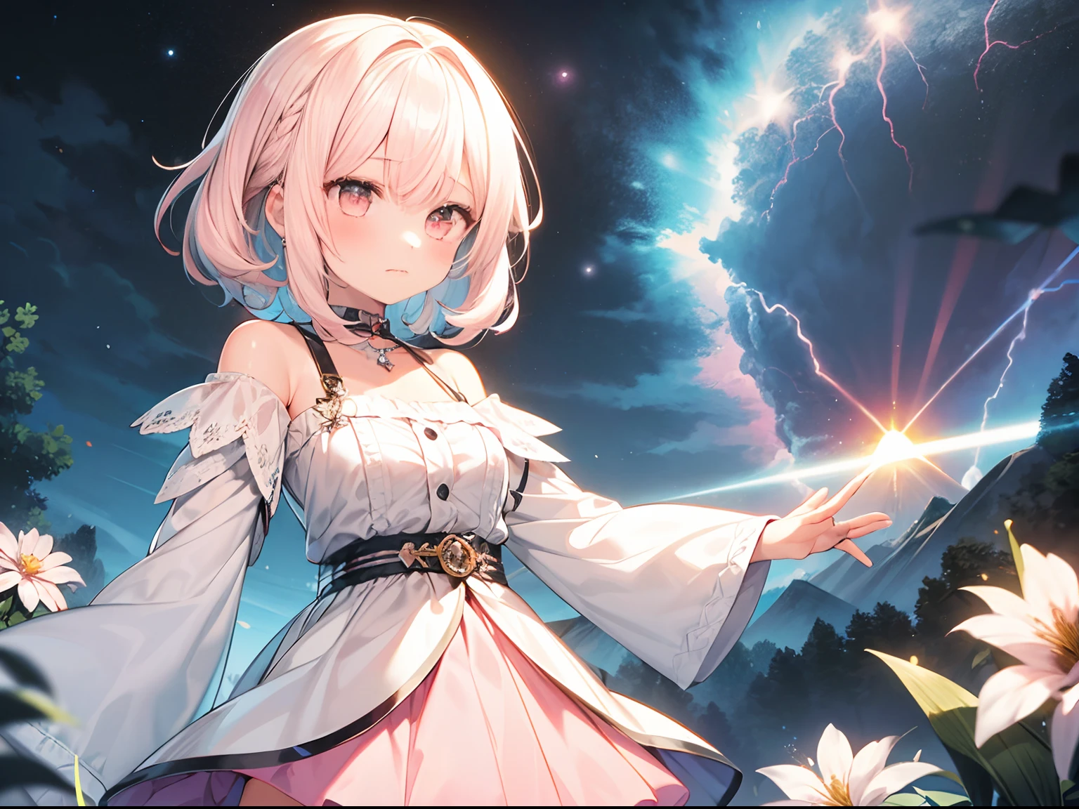 best quality, masterpiece, absurdres, highres, (1girl:1.6), (short shaggy perm hair:1.6), (light pink hair:1.5), (flower effects:1.2), (cowboy shot:1.4), break A beautiful lightning bolt illuminates the night sky,
BREAK
its powerful and overwhelming beauty lighting up the darkness in an instant.
BREAK
The thunderous roar echoes in the distance, emphasizing the lightning's presence. Witnessing this natural force, people are awed by its grandeur and mystique.