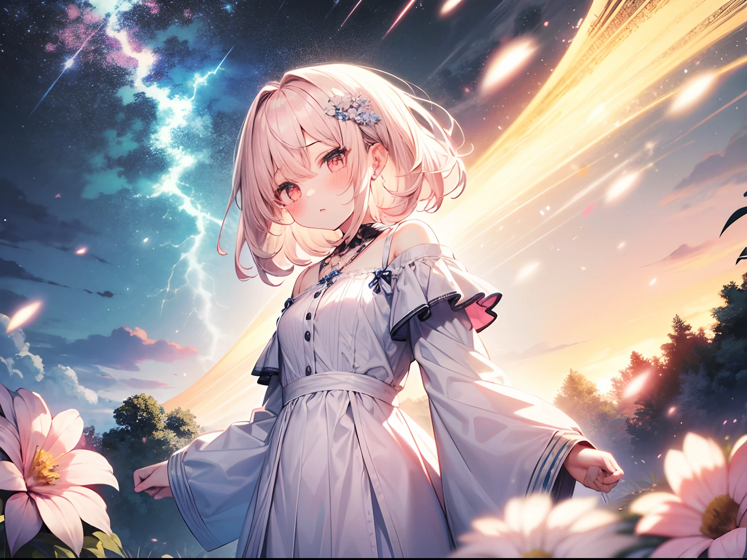 best quality, masterpiece, absurdres, highres, (1girl:1.6), (short shaggy perm hair:1.6), (light pink hair:1.5), (flower effects:1.2), (cowboy shot:1.4), break A beautiful lightning bolt illuminates the night sky,
BREAK
its powerful and overwhelming beauty lighting up the darkness in an instant.
BREAK
The thunderous roar echoes in the distance, emphasizing the lightning's presence. Witnessing this natural force, people are awed by its grandeur and mystique.