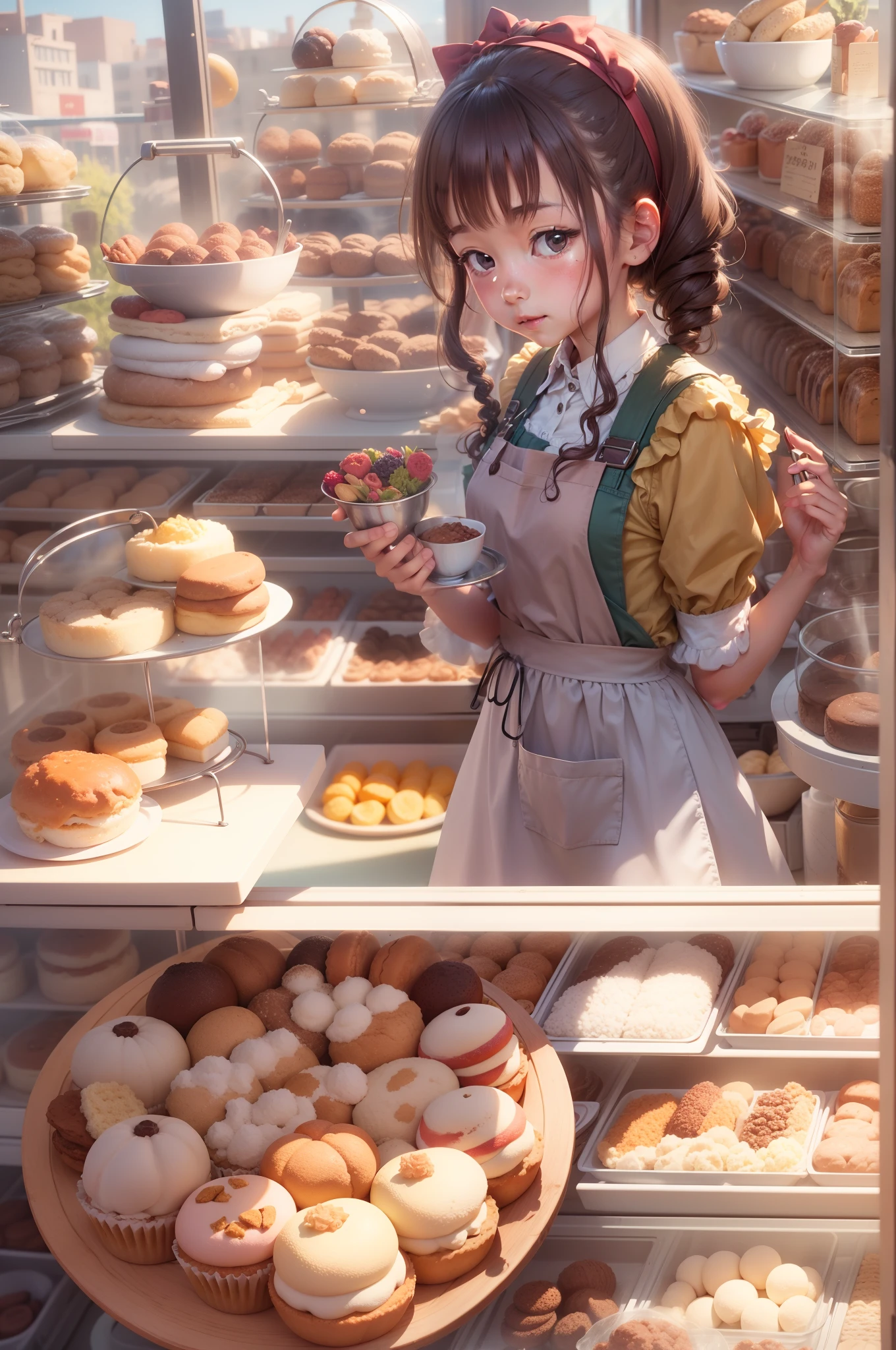  girl, baker shop, and the sun was shining brightly, the detail， 4K， k hd， high high quality.