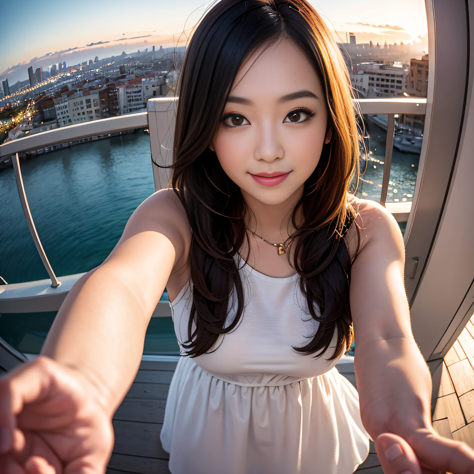 xx Remix Girl,1girll, fish eye, self-shot, Wind, Messy hair, Sunset, Cityscape, (Aesthetics and atmosphere:1.2), Gray hair,Smiling,Movie girl