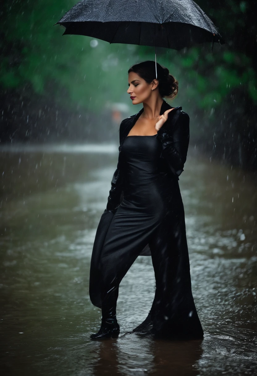 gere uma imagem de uma garota com seios, grandes, com uma roupa branca e molhada em baixo da chuva aonde ela esta mostrando sua calcinha preta