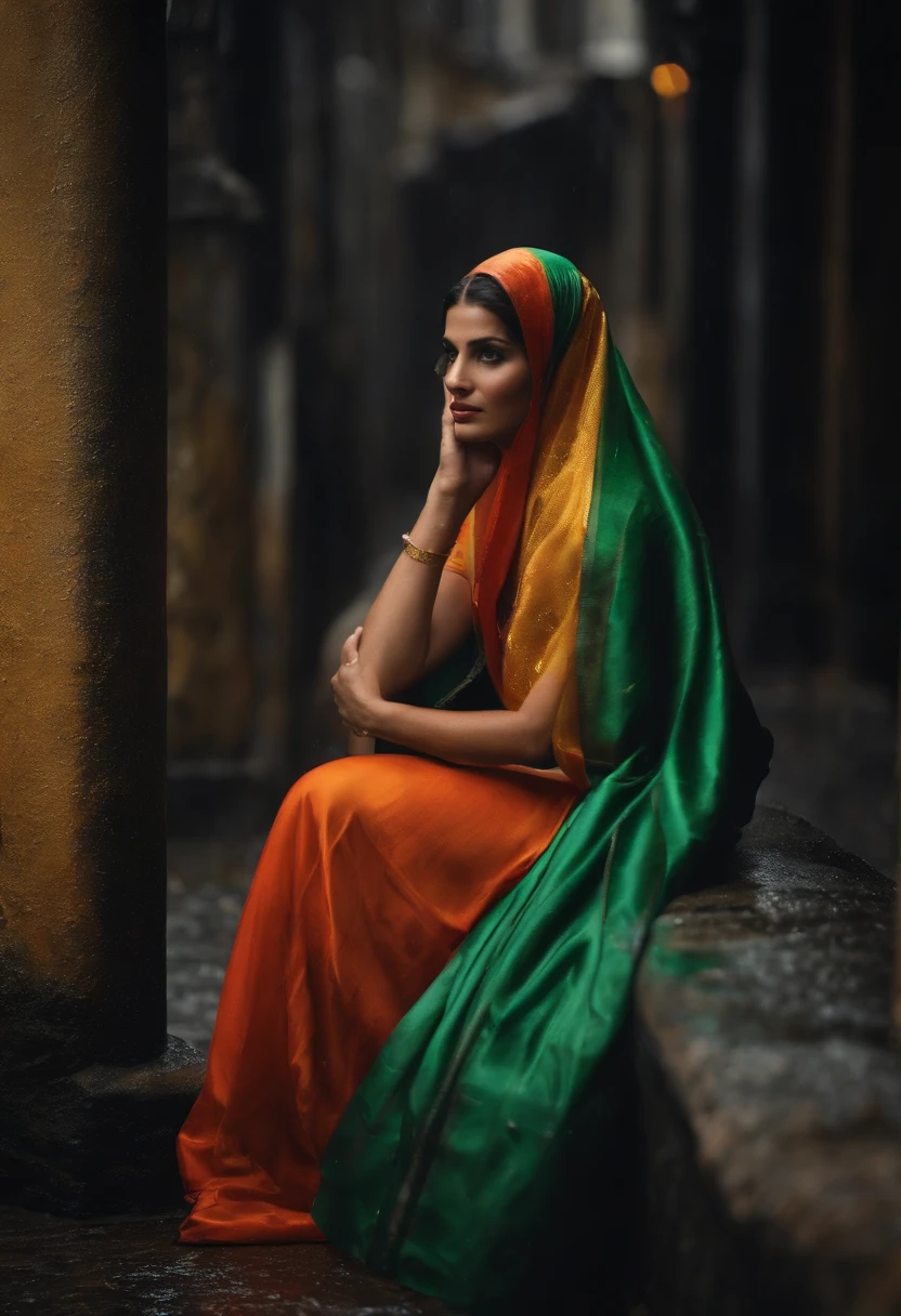 gere uma imagem de uma garota com seios, grandes, com uma roupa branca e molhada em baixo da chuva aonde ela esta mostrando sua calcinha preta