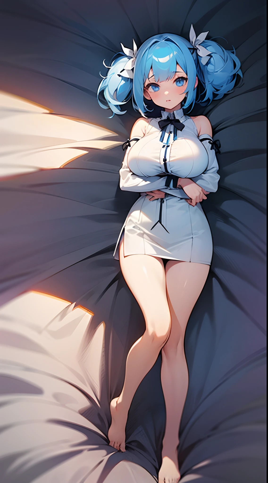 1 girl, game CG, white shirt, shoulders visible, short skirt, string hair ribbon, gigantic breasts, light blue hair, middle hair, two side up, blue eyes, dakimakura, full body,