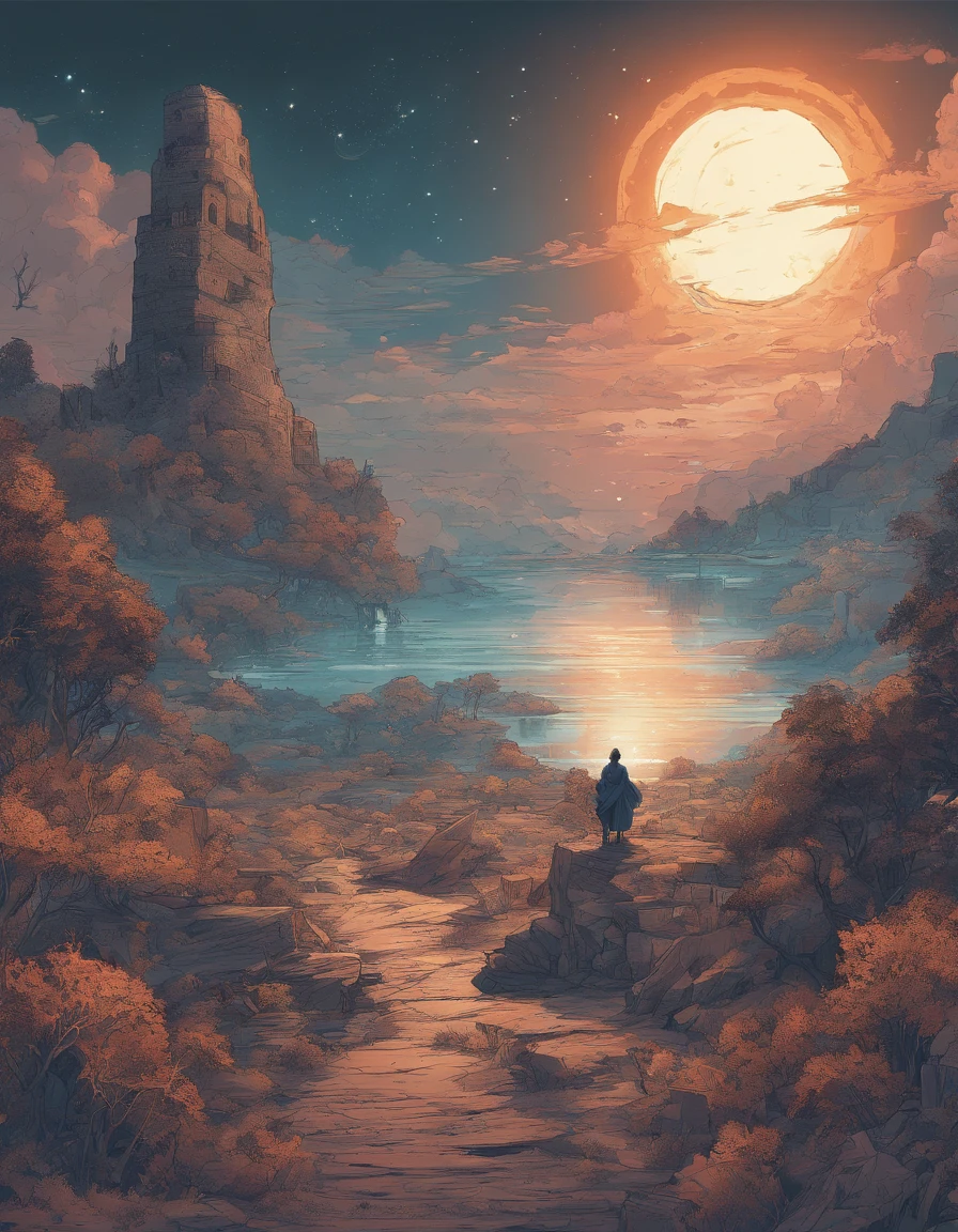"Draw a serene scene that depicts someone in search of the "Descanso de Deus". Imagine a celestial setting with a bright starry night sky. Below that sky, This figure is in a quiet location, where peace and serenity are evident. There is no competition, humor or comedic elements here, apenas um ambiente calmo e espiritual."