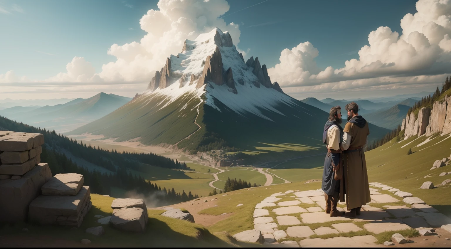 Two men from biblical times making a pact over a pile of stone that gives way to two mountain landscape paths and two caravans of the world
