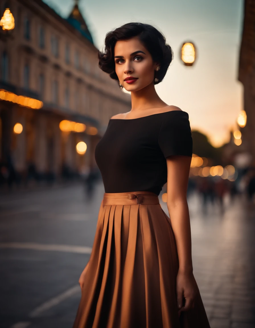 cute young woman, Short black hair, Brown eyes, empress,Pleated skirt dress,Street Lighting,Neon,Bustling street background,(navel:1.1,princess eyes), upper class, Royal style family, High Quality, masterpiece, high-detail