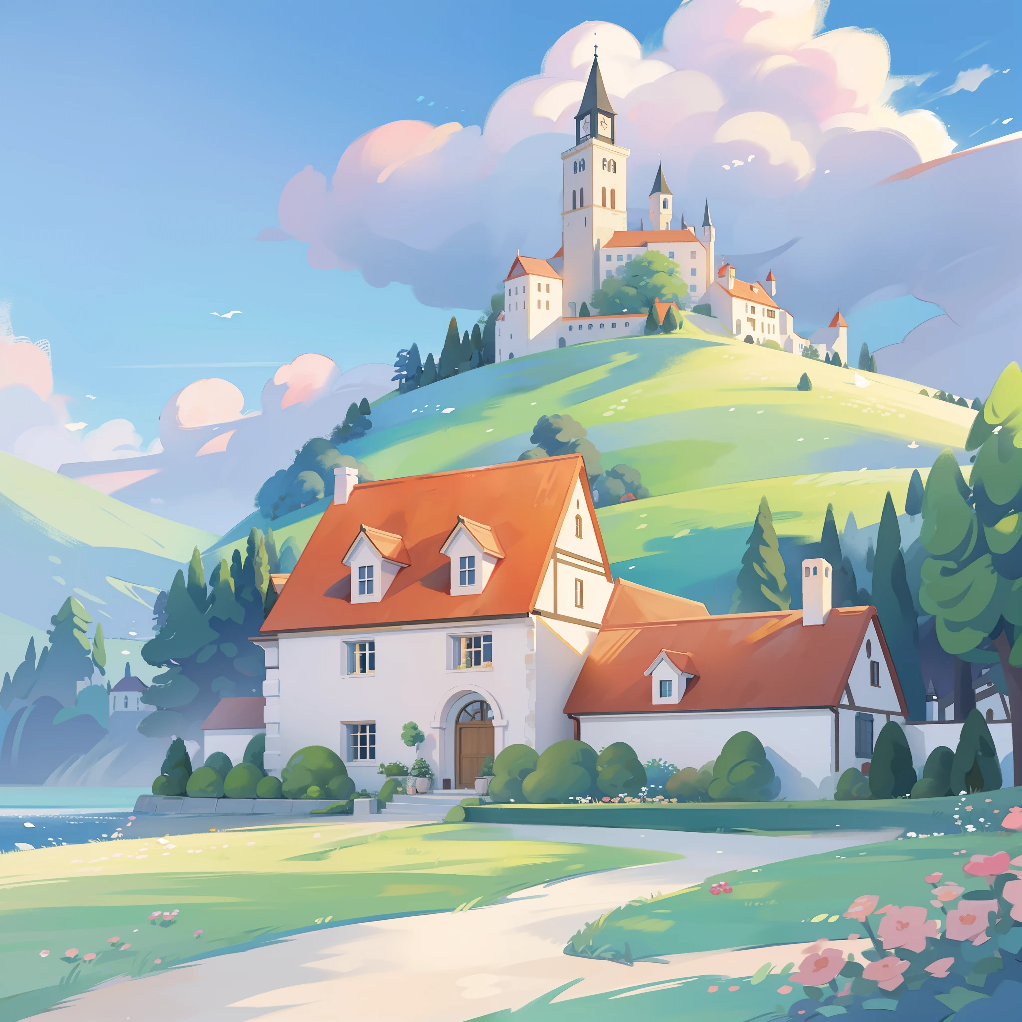 watercolor, children's storybook illustration, a castle surrounded by a village, houses, cottages, buildings, towers, clouds, colorful, vibrant warm colors, bright, ((masterpiece)), ((best quality)), 8k, intricate detail, high resolution, highly detailed environment, perfect architecture