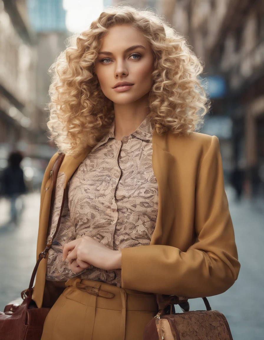 blonde woman with curly hair poses on the street, a handbag, photo taken with provia, in the style of ultrafine detail, high quality photo, 105 mm f/2.4