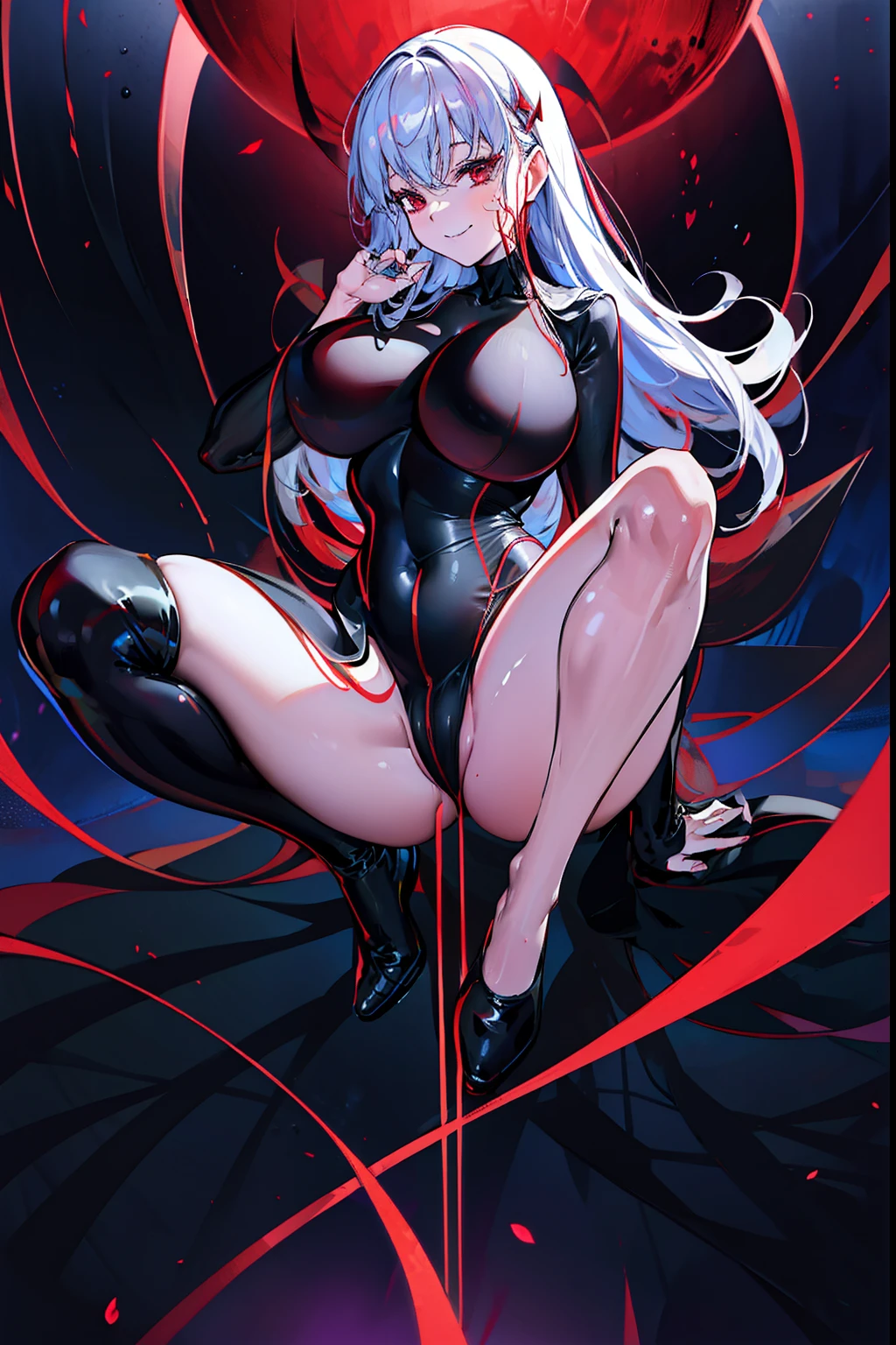 Black full body suit　huge tit　Big ass　seductiv　a smile　Obscene lines　Whip thighs　succubus　Red lines all over the body　Turn around