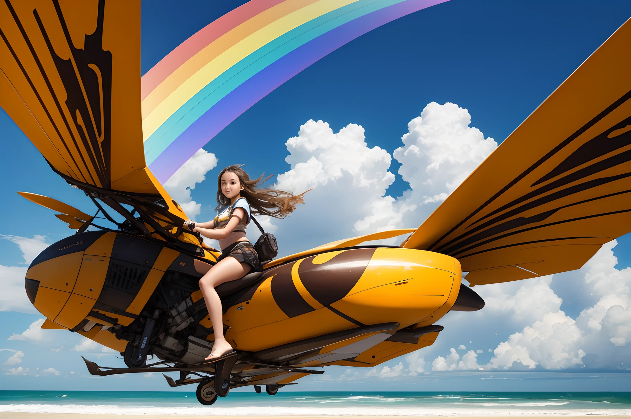 beautiful young girl is flying over the beach on the back of a giant hornet, fractal art,rainbow