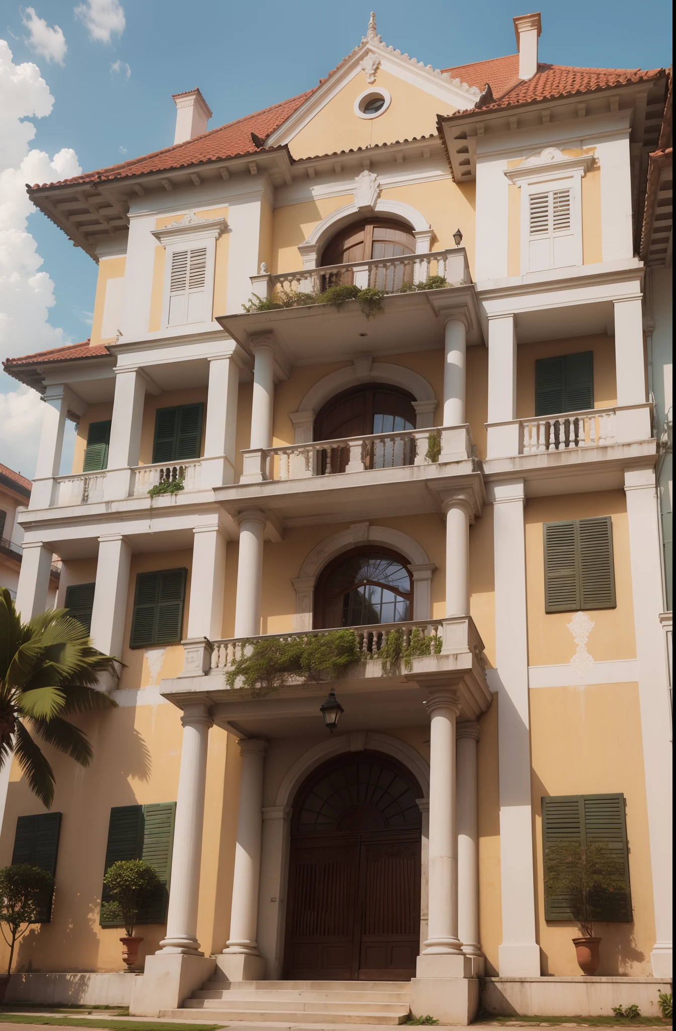 Facade of a Brazilian colonial mansion only two floors and at night