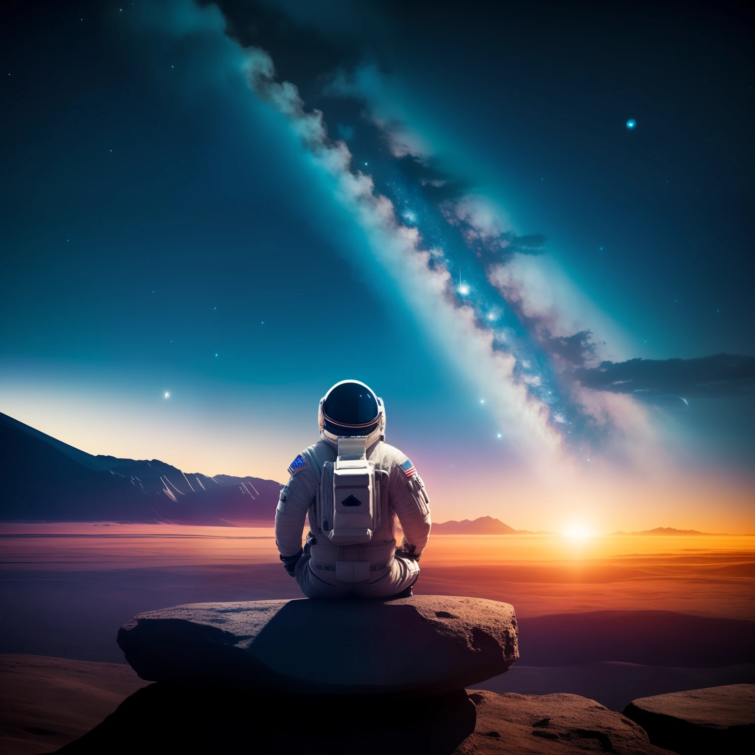 An astronaut from the future on a planet looking at the galaxy