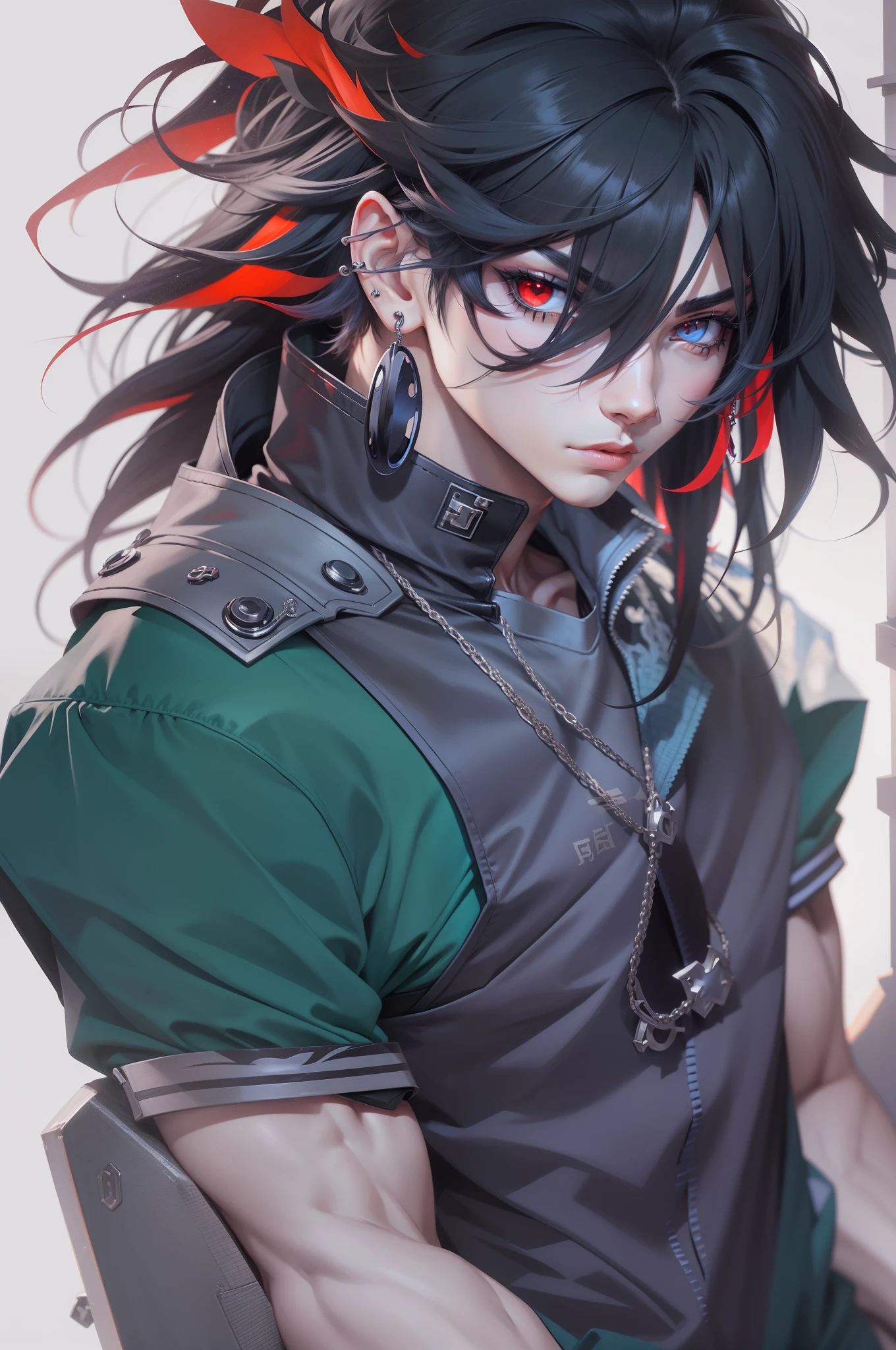 male anime character, Red eyes, Black hair, With stud earrings, Blue, Clothes in blue and black tones, Simple muscle lines,Glamorous。