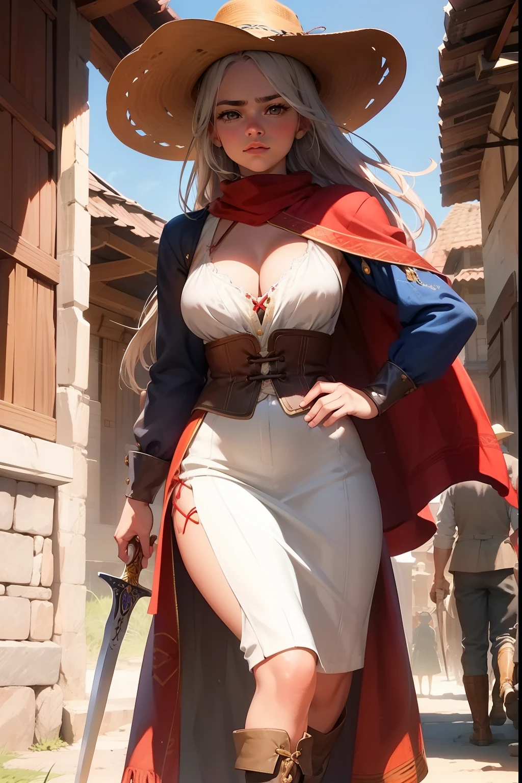 Sonya of Rogatino1mulher de cabelos ruivos e olhos claros, usa roupas masculinas, como uma camisa branca, uma jaqueta de couro, tights and boots. She also wears a wide-brimmed hat with a red feather, e um cinto com uma pistola e uma espada. She had a red scarf around her neck, que combinava com seus cabelos ruivos, sensual e bonita, middlebreasts, wielding a Saracen sword in his hands, arrogant with an imposing foot