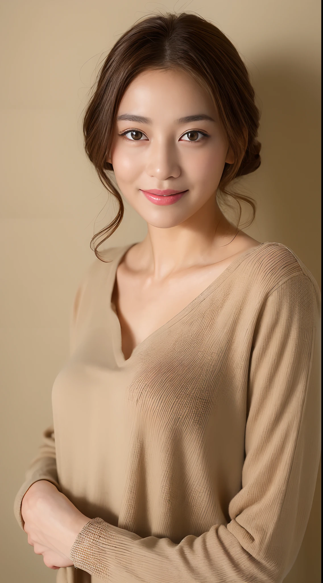 ((top-quality、8K、​masterpiece:1.3))、1girl in、Slim beautiful woman:1.3、(Casual Hairstyles、huge tit:1.2)、Casual clothing:1.2、interiors、Super Detail Face、Delicat eyes、二重まぶた、kindly smile、