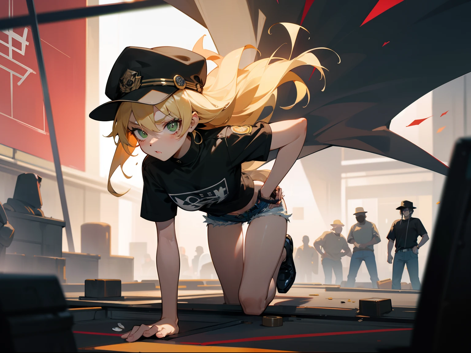 ​masterpiece,top-quality,Multiple police officers surround the girl,thief,safe,Coins pile up,Large amount of coins,Coins that fell to the floor,Girl holding a coin in her hand,all-fours,bending forward,Petite girl,a blond,Green eyes,Wearing a black mask,Desperate look,Red face,Wearing a black hat with a lightning symbol printed on it,Navel Ejection、Black T-shirt with lightning symbol printed on it,Low-rise denim shorts,Warning siren is sounding,Red light glows